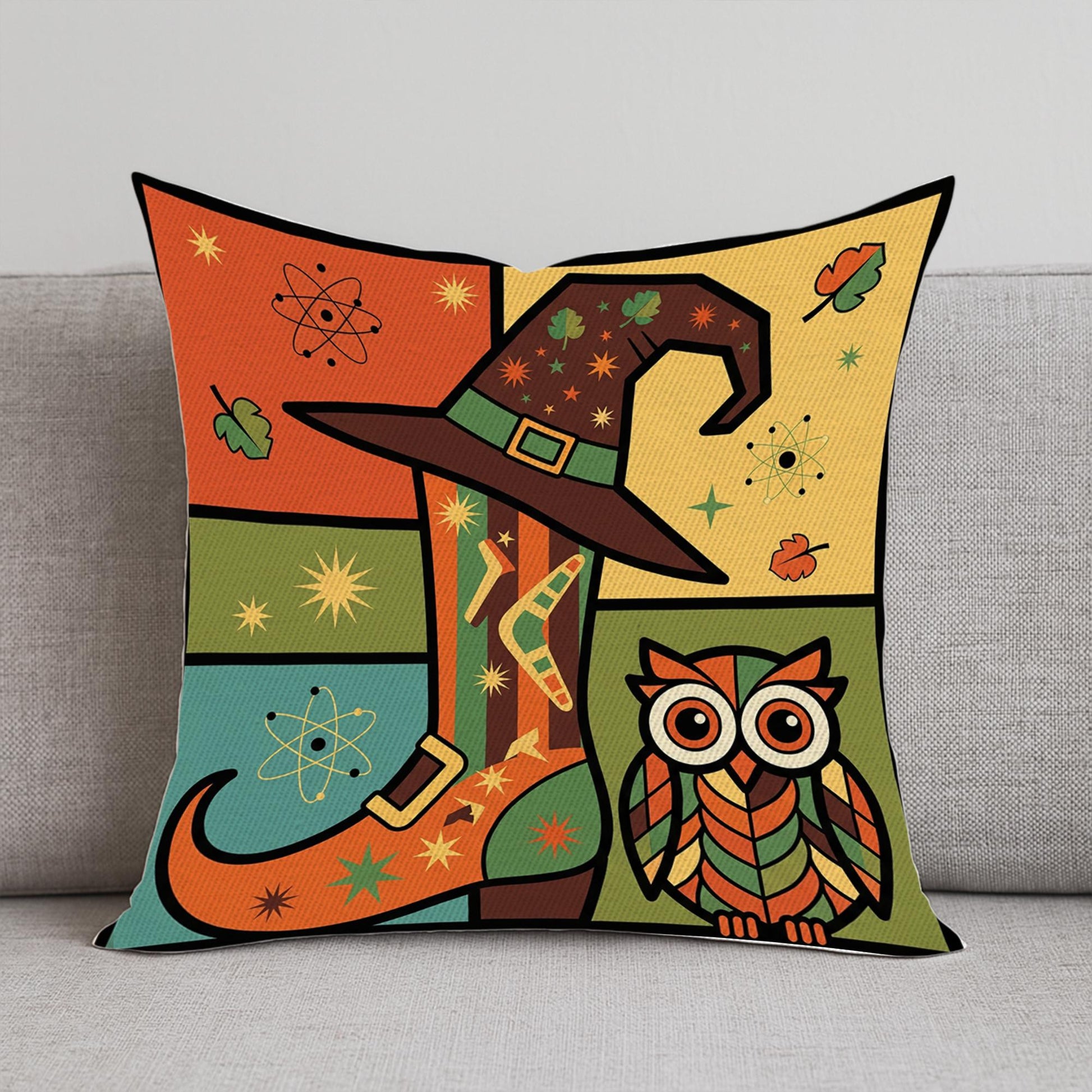 Retro Witch Boot and Owl Pillow, Colorful Halloween Throw Cushion, Mid Century Modern Fall Decorative Pillow Cover