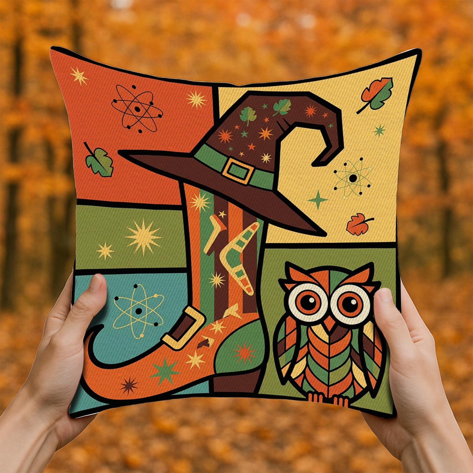 Retro Witch Boot and Owl Pillow, Colorful Halloween Throw Cushion, Mid Century Modern Fall Decorative Pillow Cover