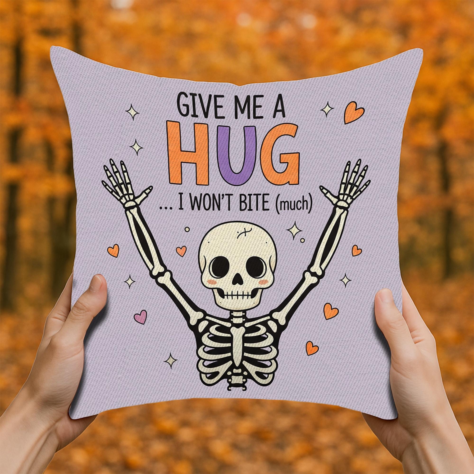 Give Me a Hug Skeleton Pillow, Funny Halloween Throw Cushion, Cute Spooky Skeleton Decorative Pillow Cover
