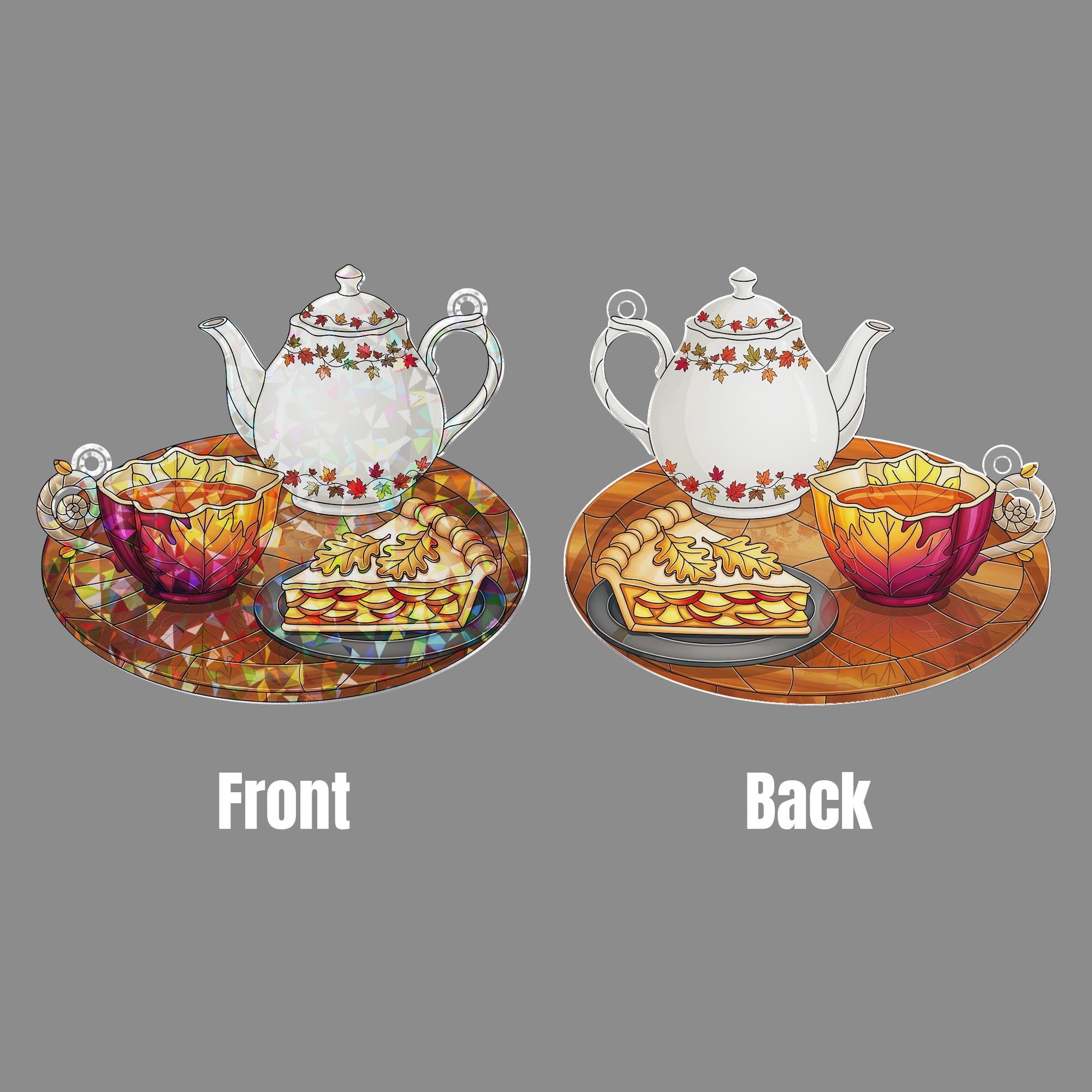 Autumn Tea Set Holographic Window Hanging – Fall Teapot Cup Pie Sun Catcher, Cozy Kitchen Decor for Seasonal Autumn Window Display
