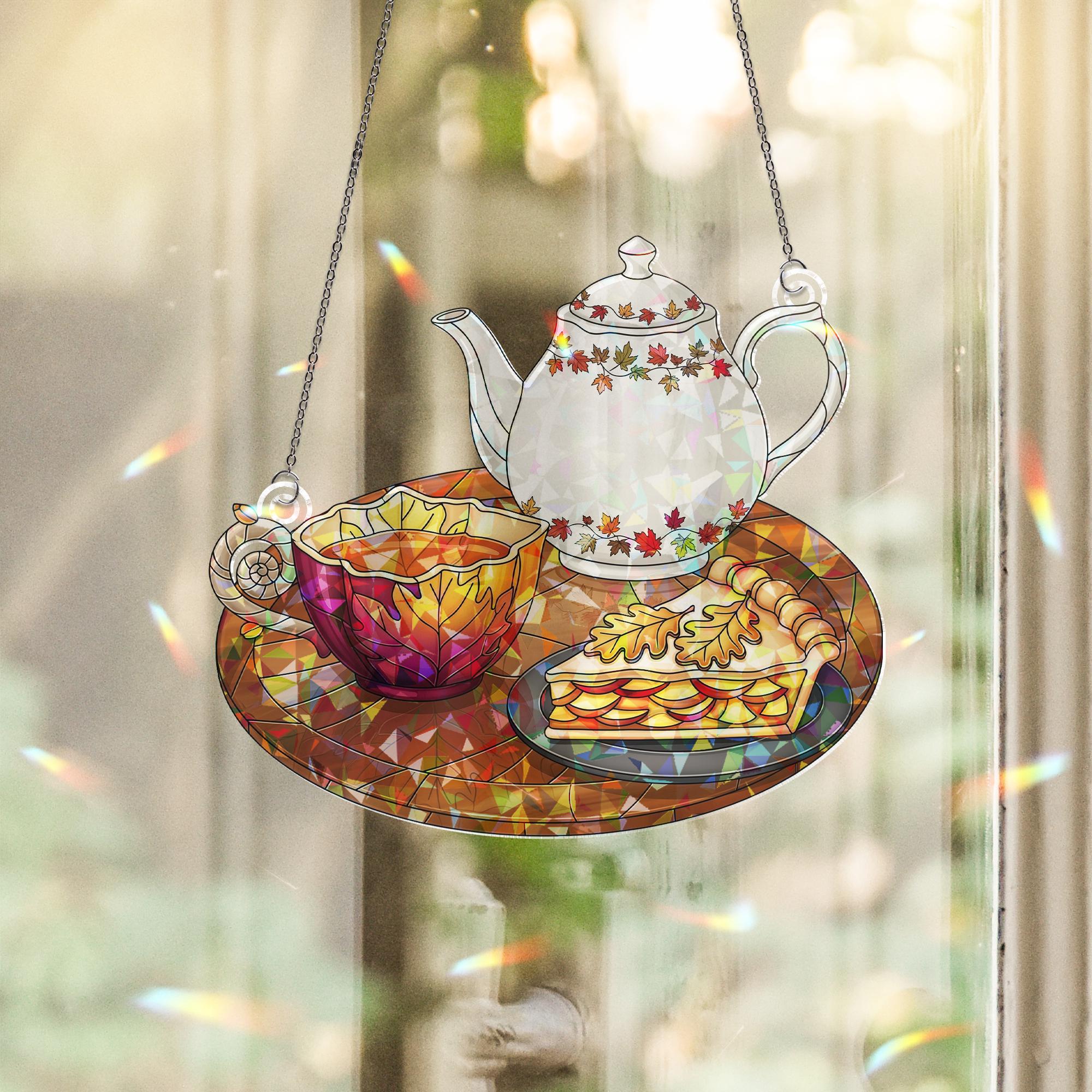 Autumn Tea Set Holographic Window Hanging – Fall Teapot Cup Pie Sun Catcher, Cozy Kitchen Decor for Seasonal Autumn Window Display
