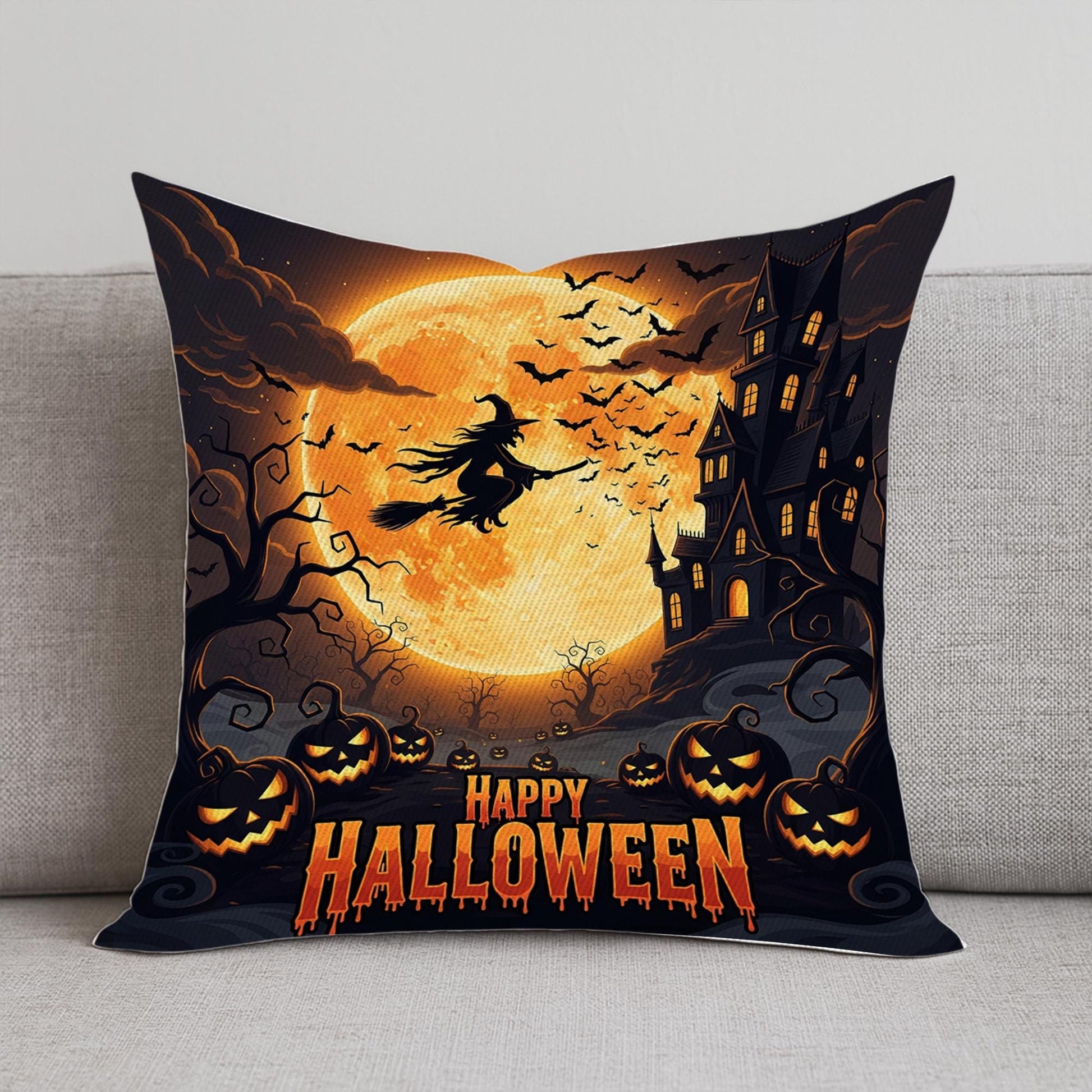 Happy Halloween Pillow, Witch Flying Over Haunted House Cushion Cover, Spooky Pumpkin and Full Moon Throw Pillow