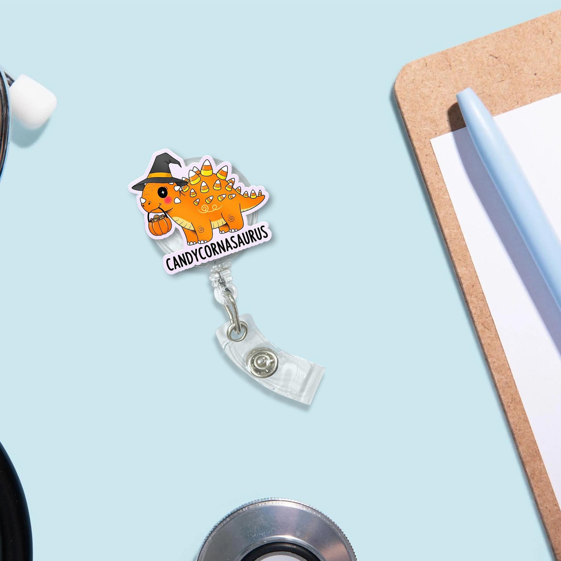 Candycornasaurus Badge Reel – Cute Dinosaur Halloween Candy Corn Retractable ID Holder, Nurse Teacher Office Fall Accessory