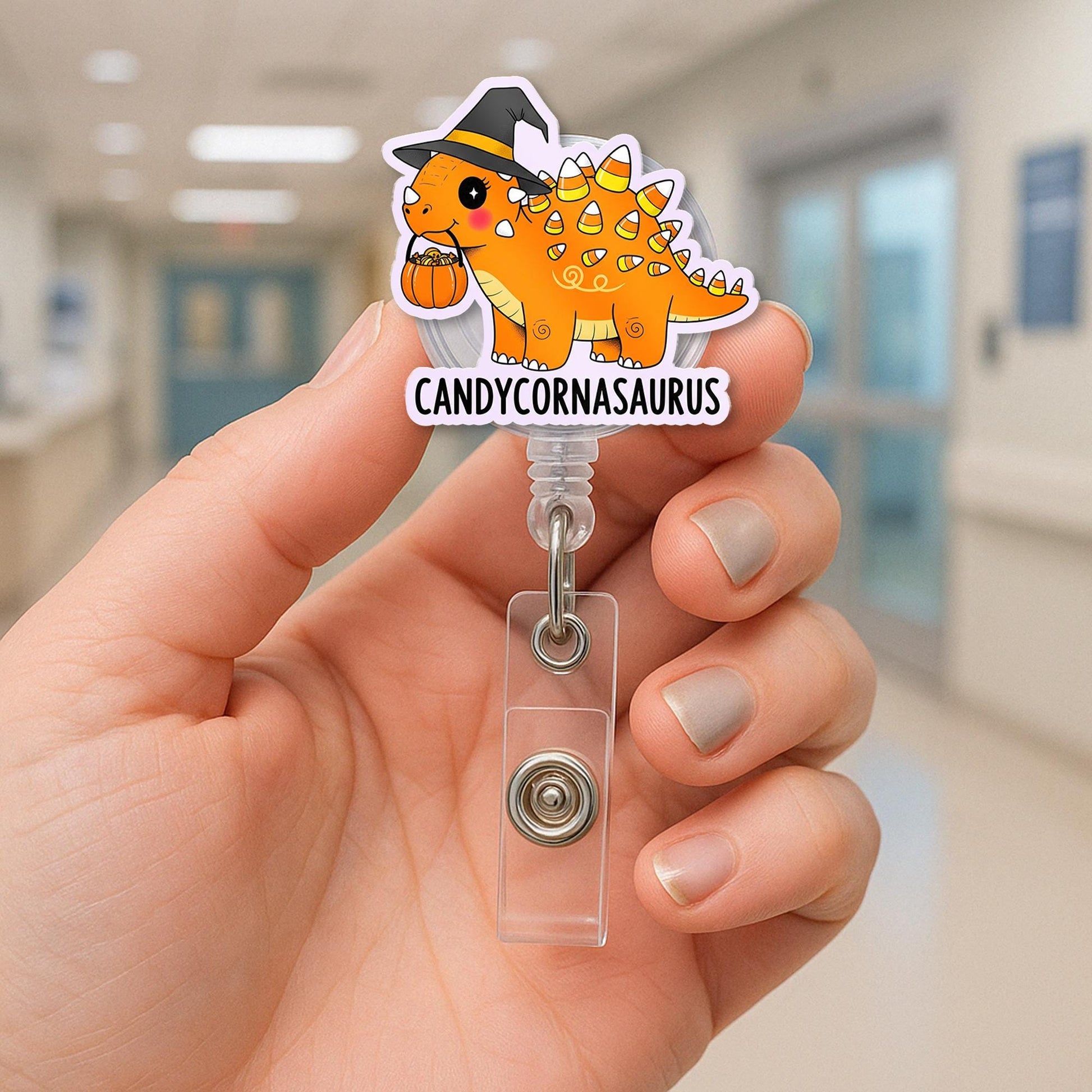 Candycornasaurus Badge Reel – Cute Dinosaur Halloween Candy Corn Retractable ID Holder, Nurse Teacher Office Fall Accessory