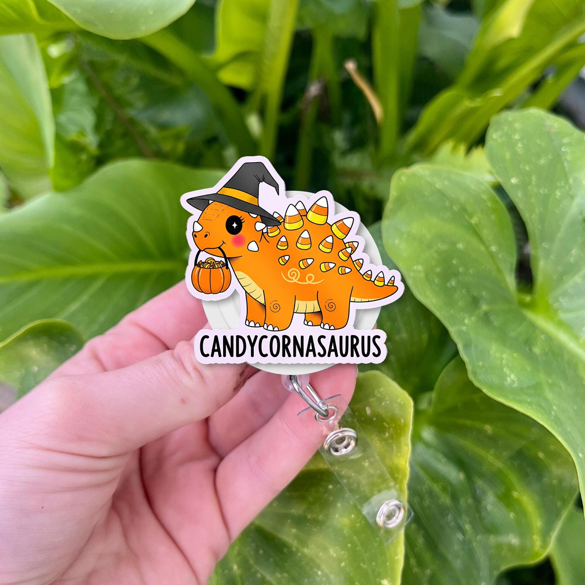 Candycornasaurus Badge Reel – Cute Dinosaur Halloween Candy Corn Retractable ID Holder, Nurse Teacher Office Fall Accessory