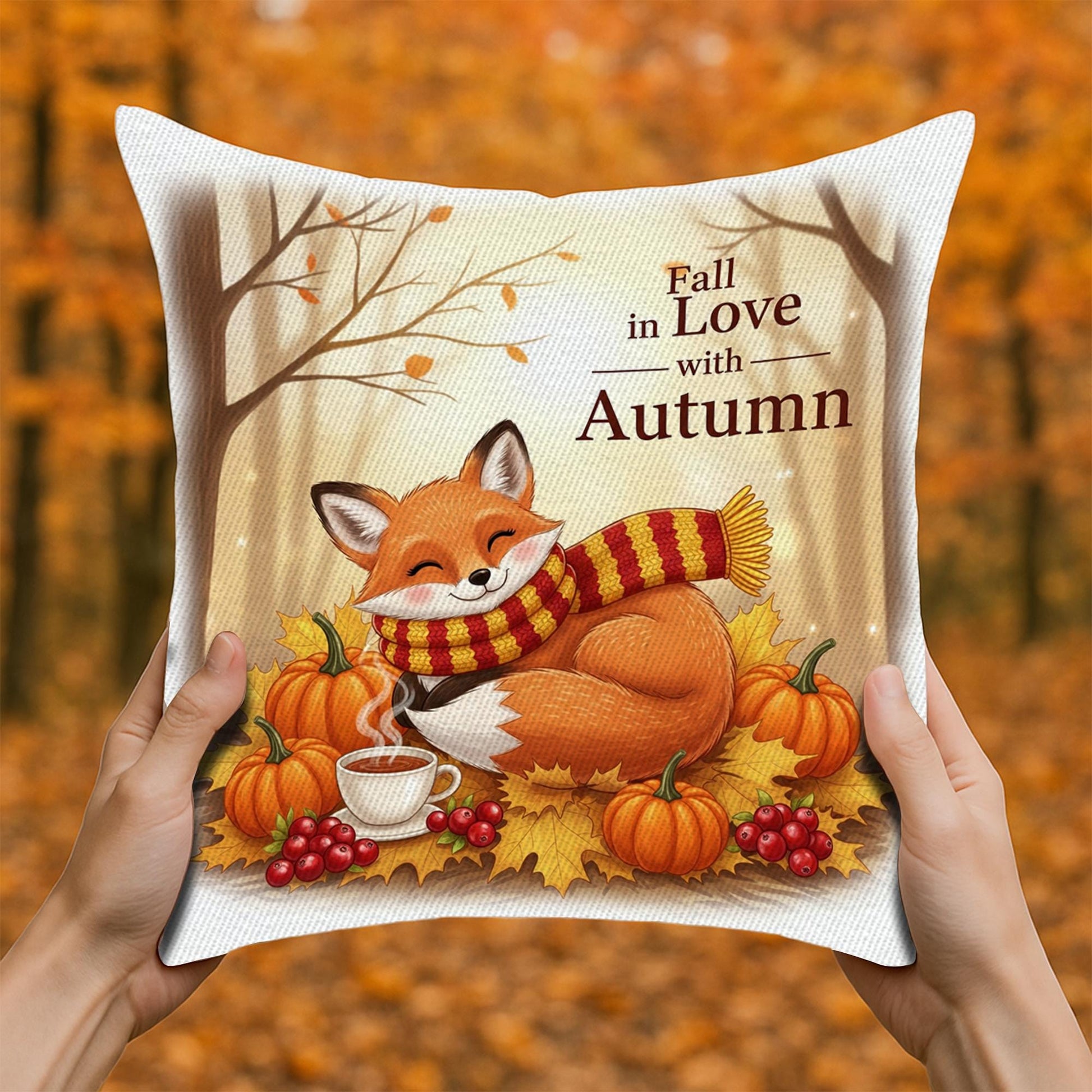 Fall in Love with Autumn Fox Pillow, Cozy Fall Throw Cushion Cover, Cute Pumpkin and Coffee Autumn Decor