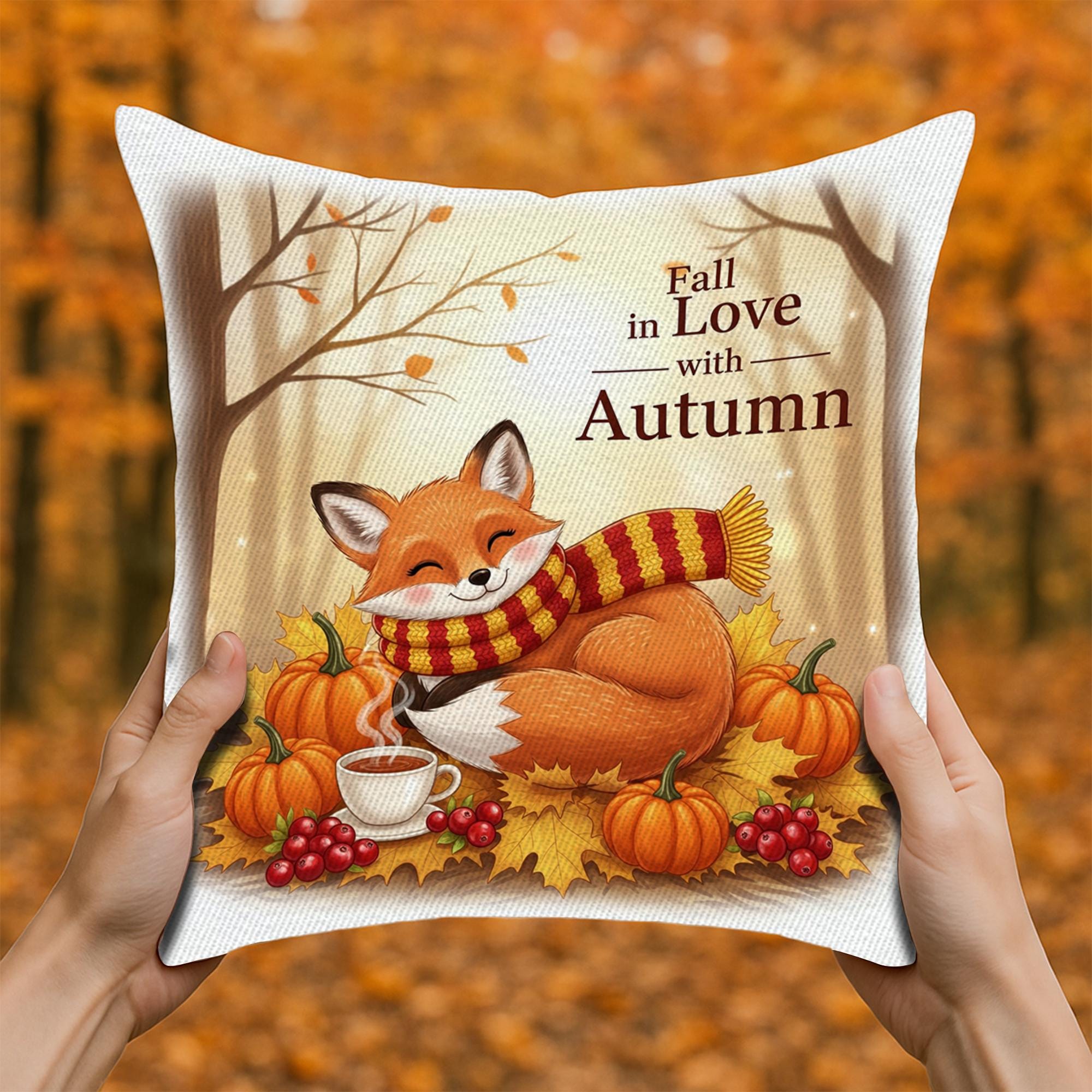 Fall in Love with Autumn Fox Pillow, Cozy Fall Throw Cushion Cover, Cute Pumpkin and Coffee Autumn Decor