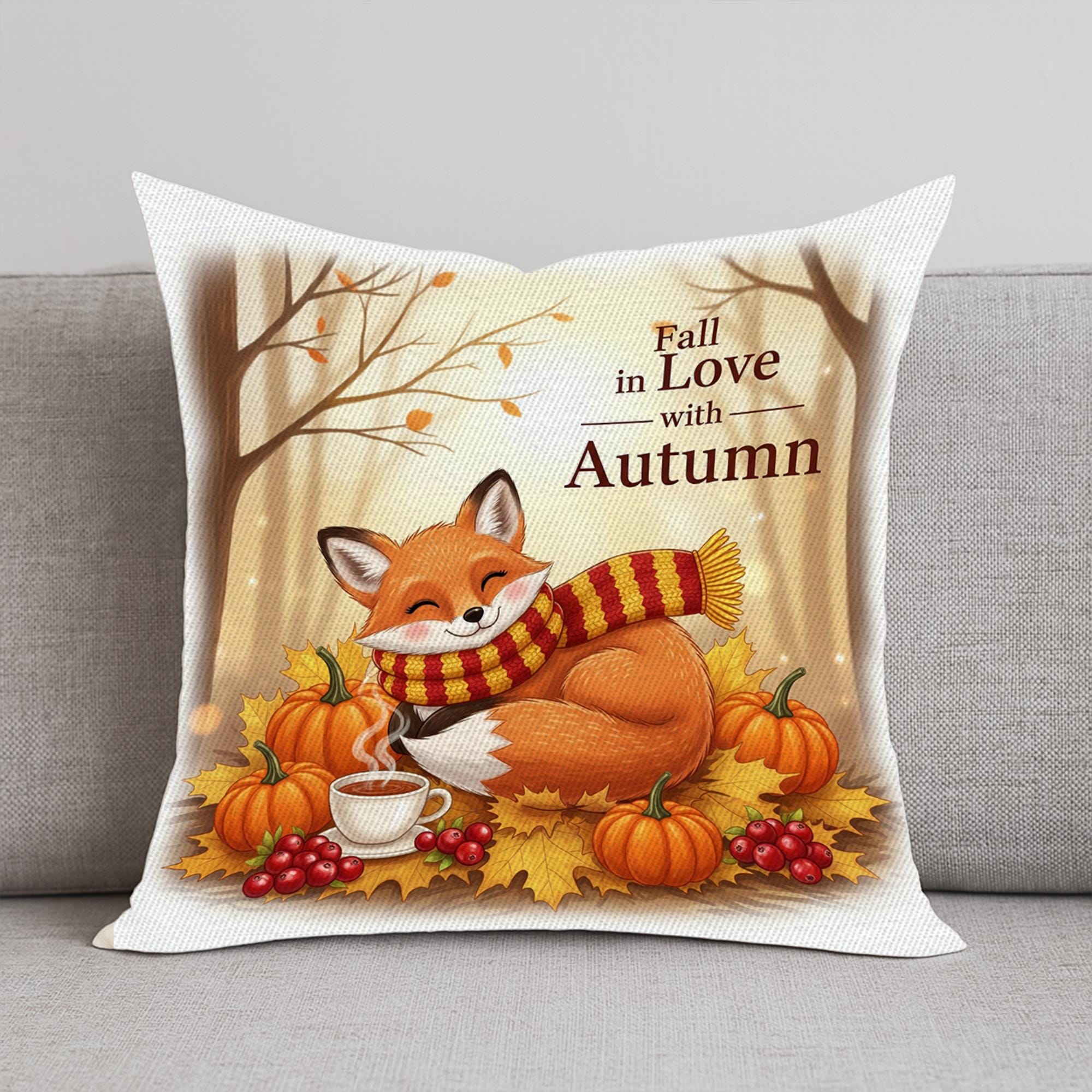 Fall in Love with Autumn Fox Pillow, Cozy Fall Throw Cushion Cover, Cute Pumpkin and Coffee Autumn Decor