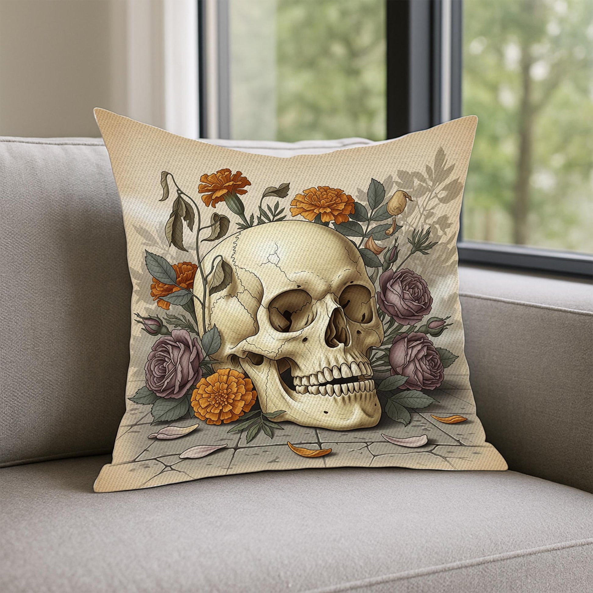 Vintage Skull and Flowers Pillow, Gothic Halloween Throw Cushion Cover, Botanical Skeleton Art Decorative Pillow