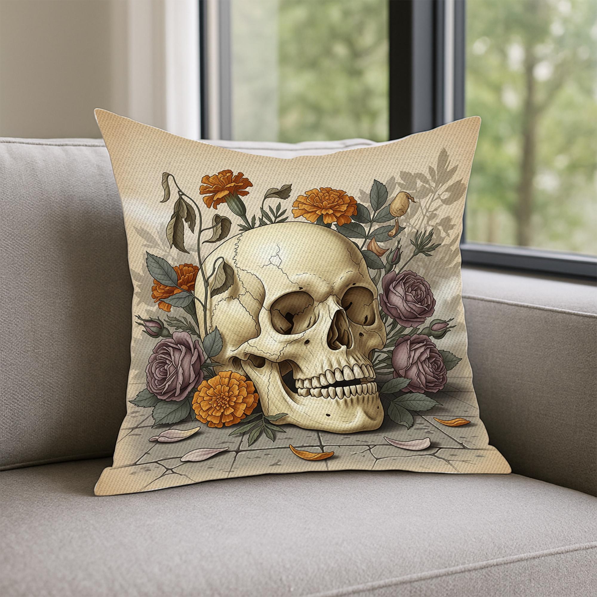 Vintage Skull and Flowers Pillow, Gothic Halloween Throw Cushion Cover, Botanical Skeleton Art Decorative Pillow