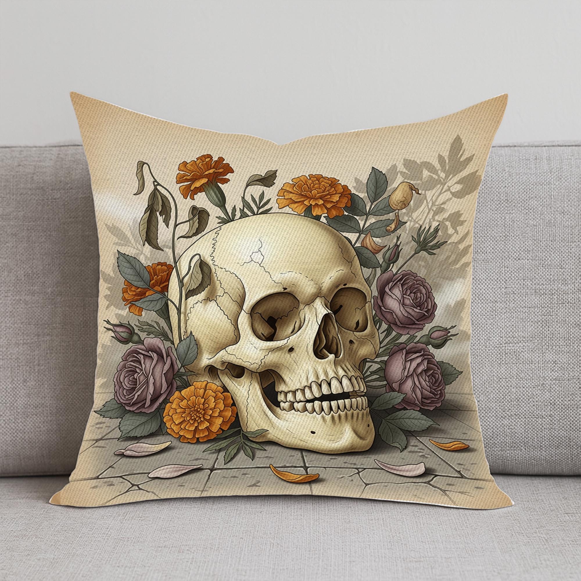 Vintage Skull and Flowers Pillow, Gothic Halloween Throw Cushion Cover, Botanical Skeleton Art Decorative Pillow