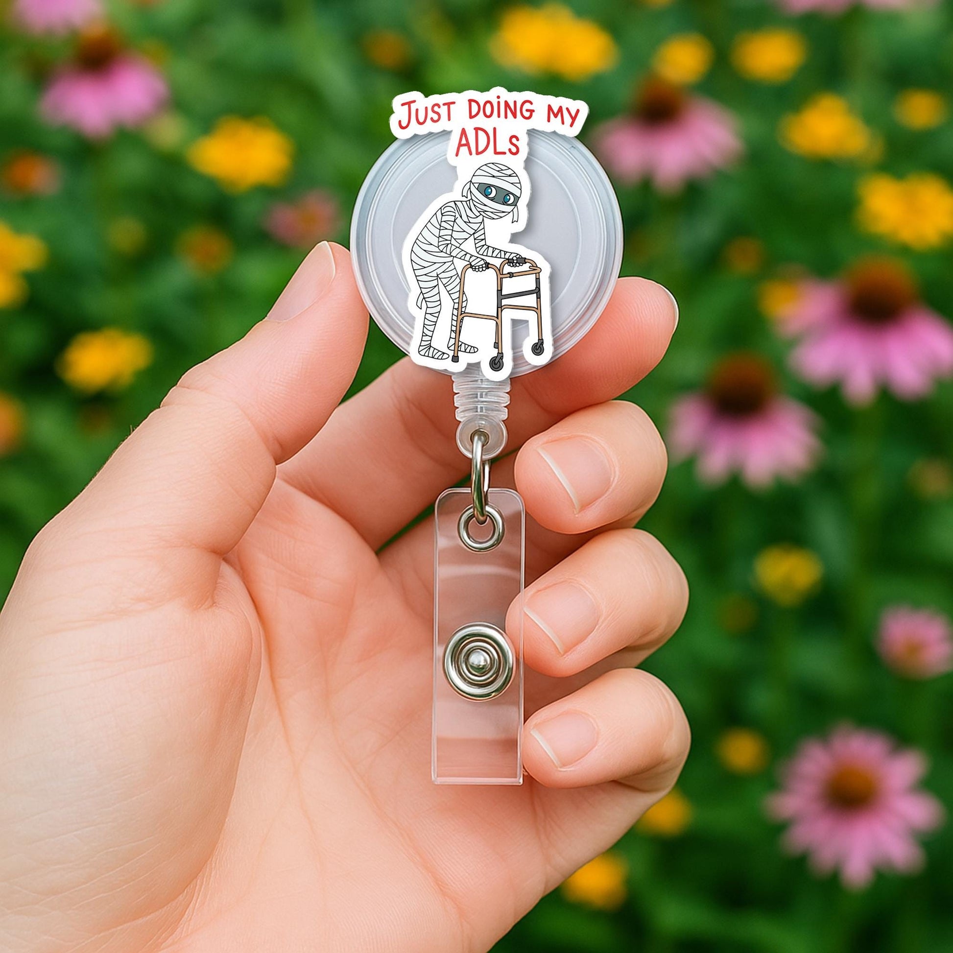 Just Doing My ADLs Badge Reel – Funny Mummy Halloween Retractable ID Holder for Nurse CNA OT pt Therapist Fall Medical Accessory