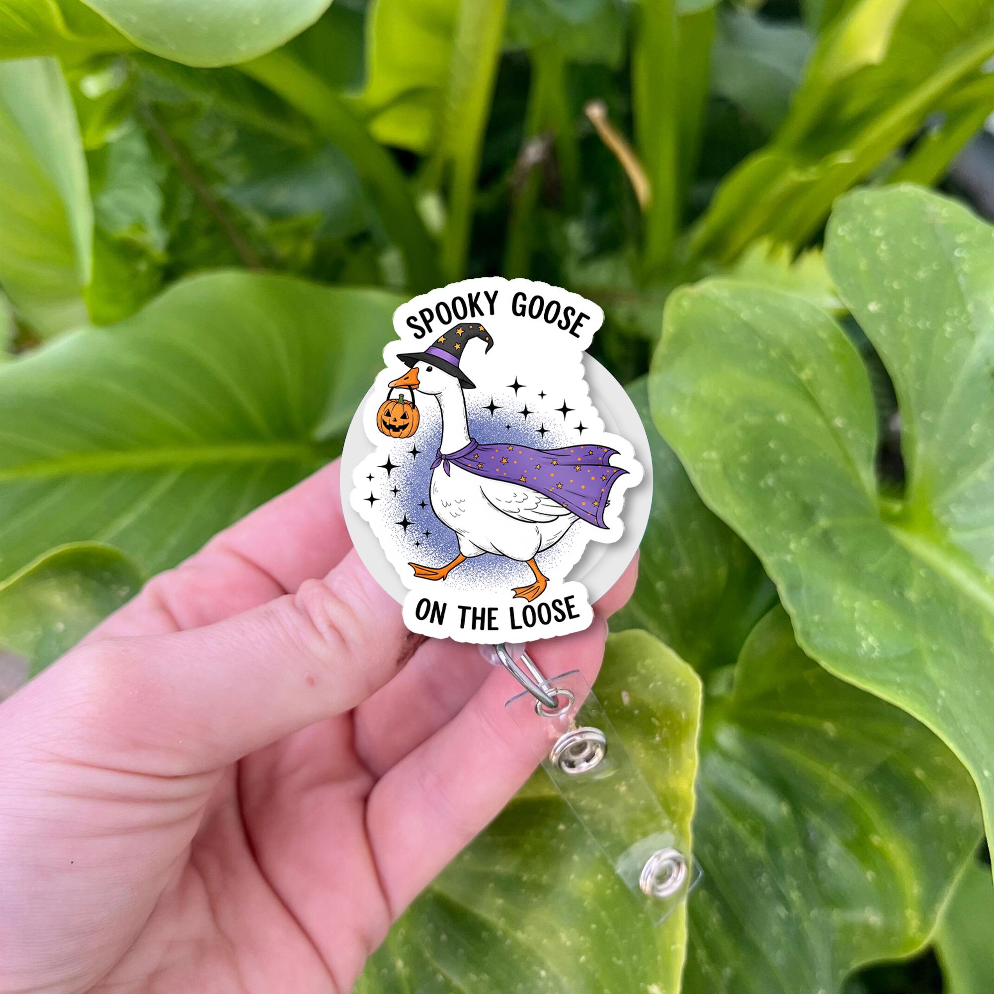 Spooky Goose on the Loose Badge Reel – Funny Halloween Retractable ID Holder for Nurse Teacher Vet Tech Fall Costume Accessory
