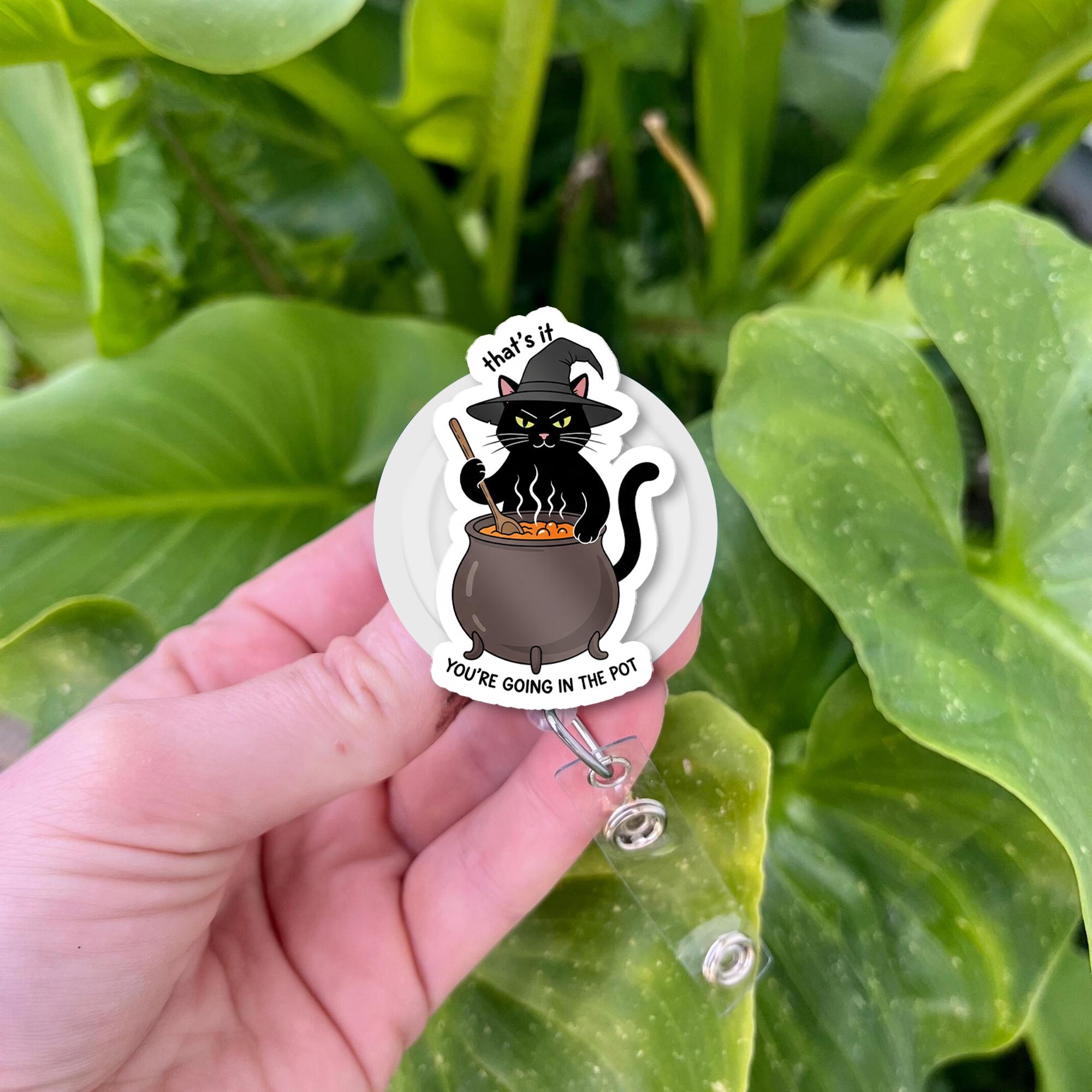 Black Cat Cauldron Badge Reel – Funny Witch Halloween Retractable ID Holder for Nurse Teacher Vet Tech Spooky Fall Accessories