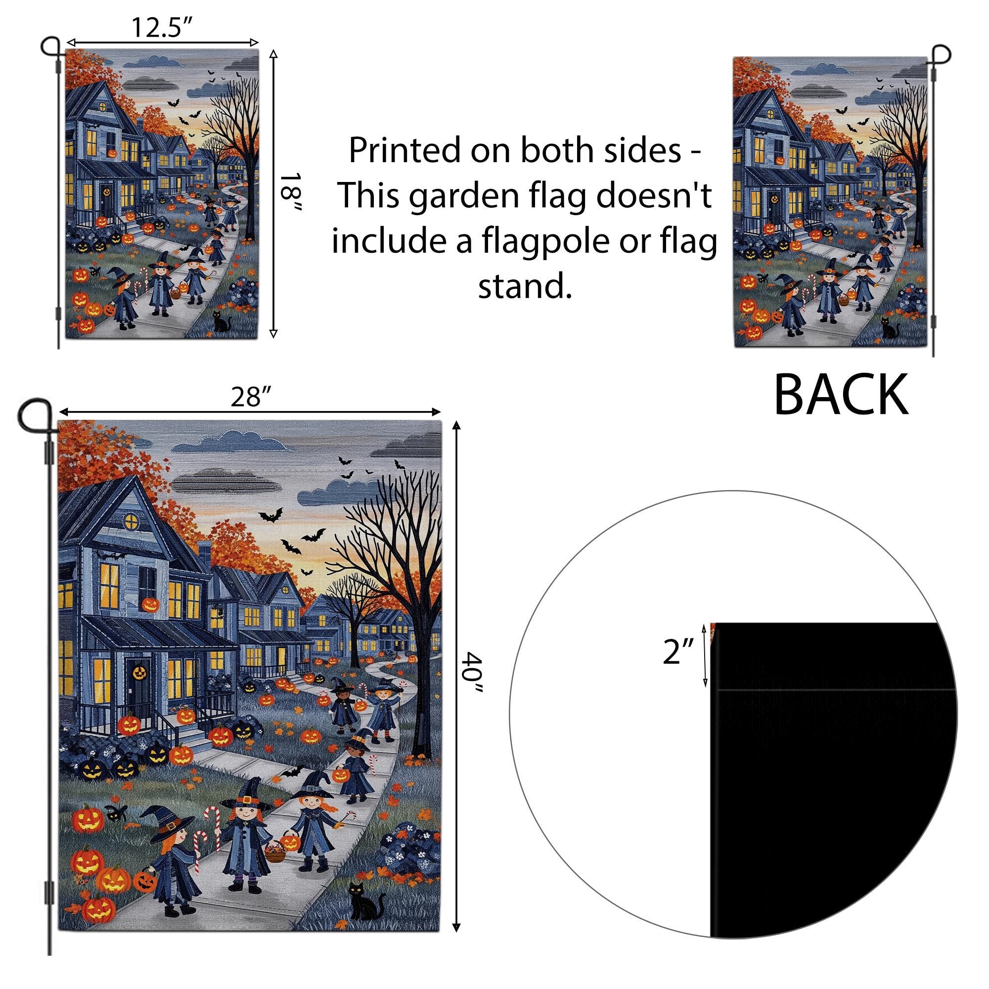 Halloween Trick or Treat Denim Garden Flag – Spooky Neighborhood Witches Pumpkins Autumn Yard Outdoor Decoration Fall Porch Decor