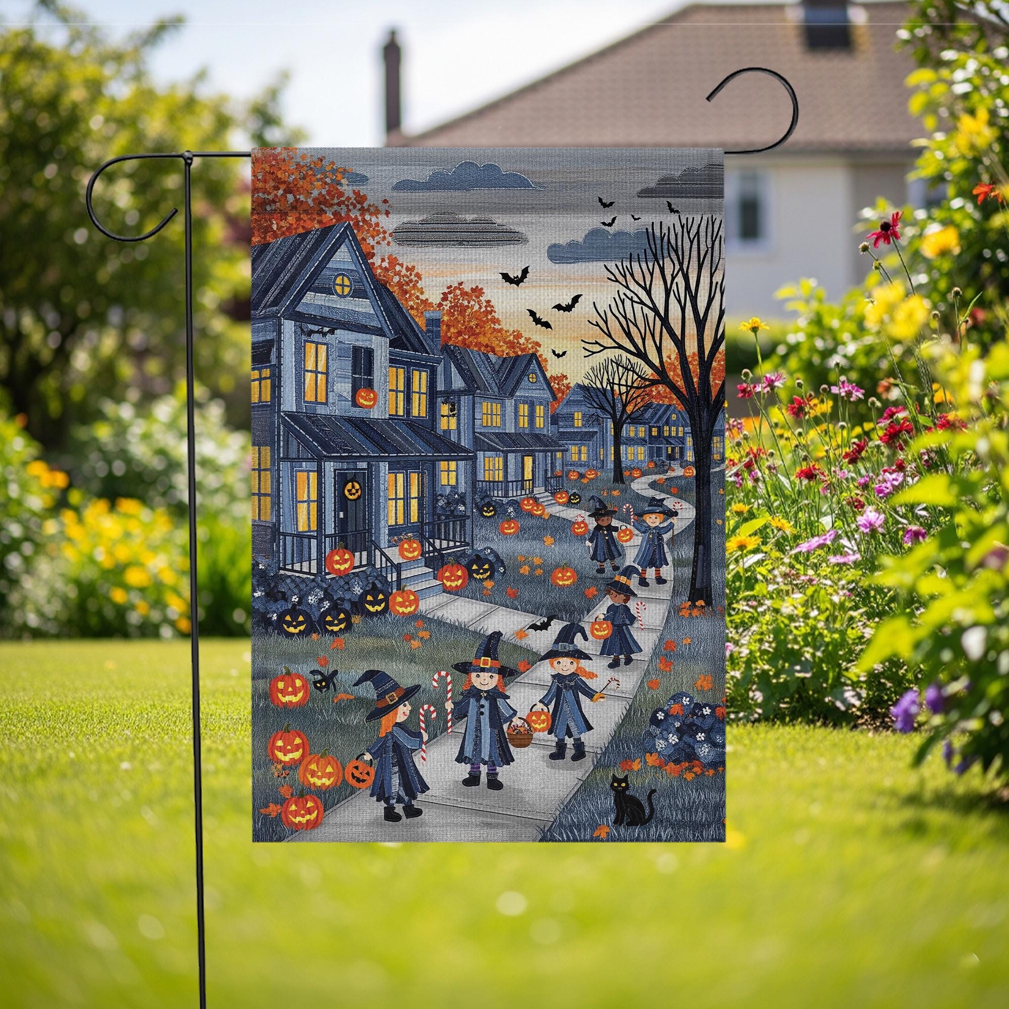 Halloween Trick or Treat Denim Garden Flag – Spooky Neighborhood Witches Pumpkins Autumn Yard Outdoor Decoration Fall Porch Decor