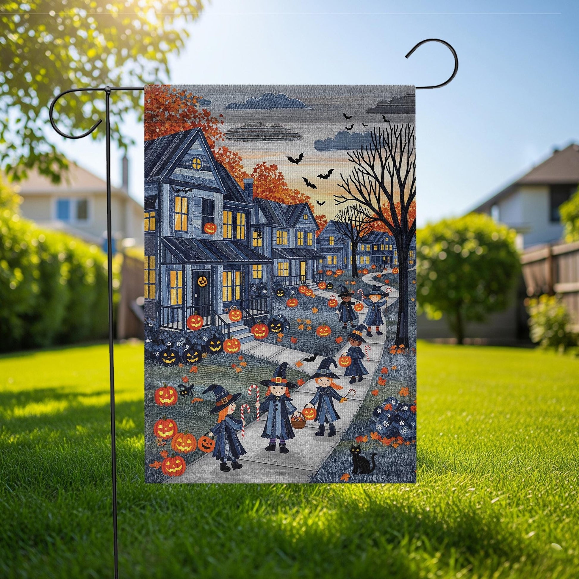 Halloween Trick or Treat Denim Garden Flag – Spooky Neighborhood Witches Pumpkins Autumn Yard Outdoor Decoration Fall Porch Decor