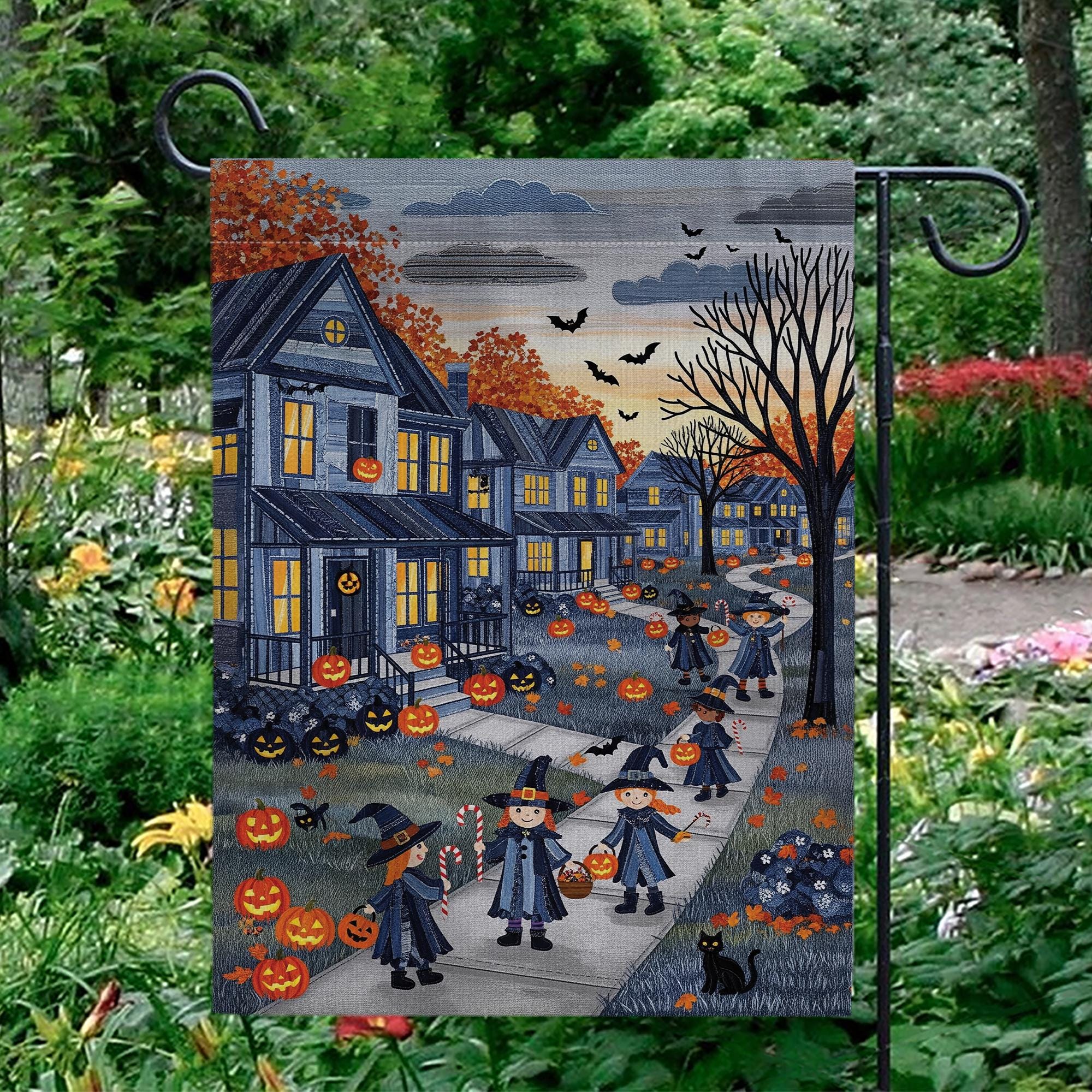 Halloween Trick or Treat Denim Garden Flag – Spooky Neighborhood Witches Pumpkins Autumn Yard Outdoor Decoration Fall Porch Decor