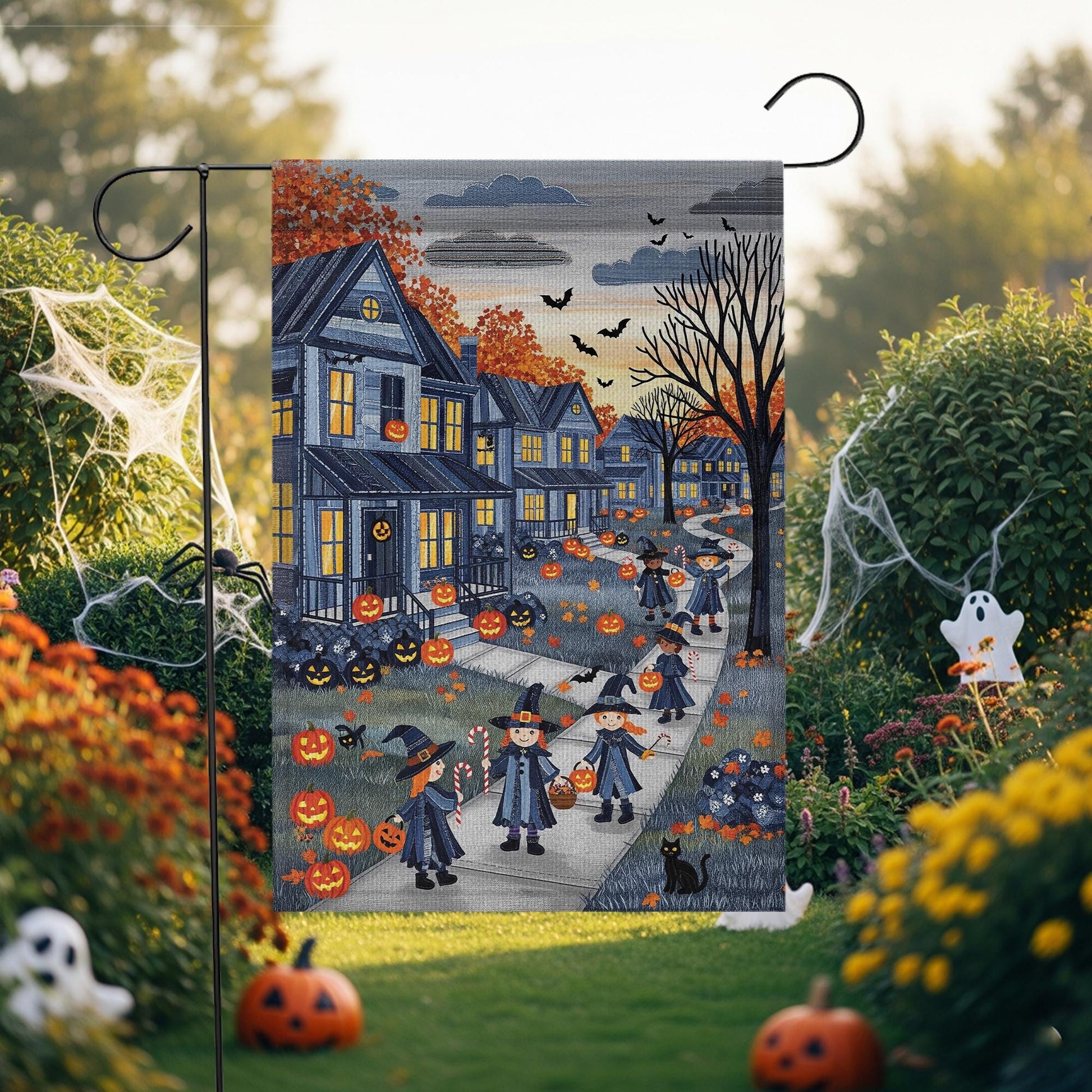 Halloween Trick or Treat Denim Garden Flag – Spooky Neighborhood Witches Pumpkins Autumn Yard Outdoor Decoration Fall Porch Decor