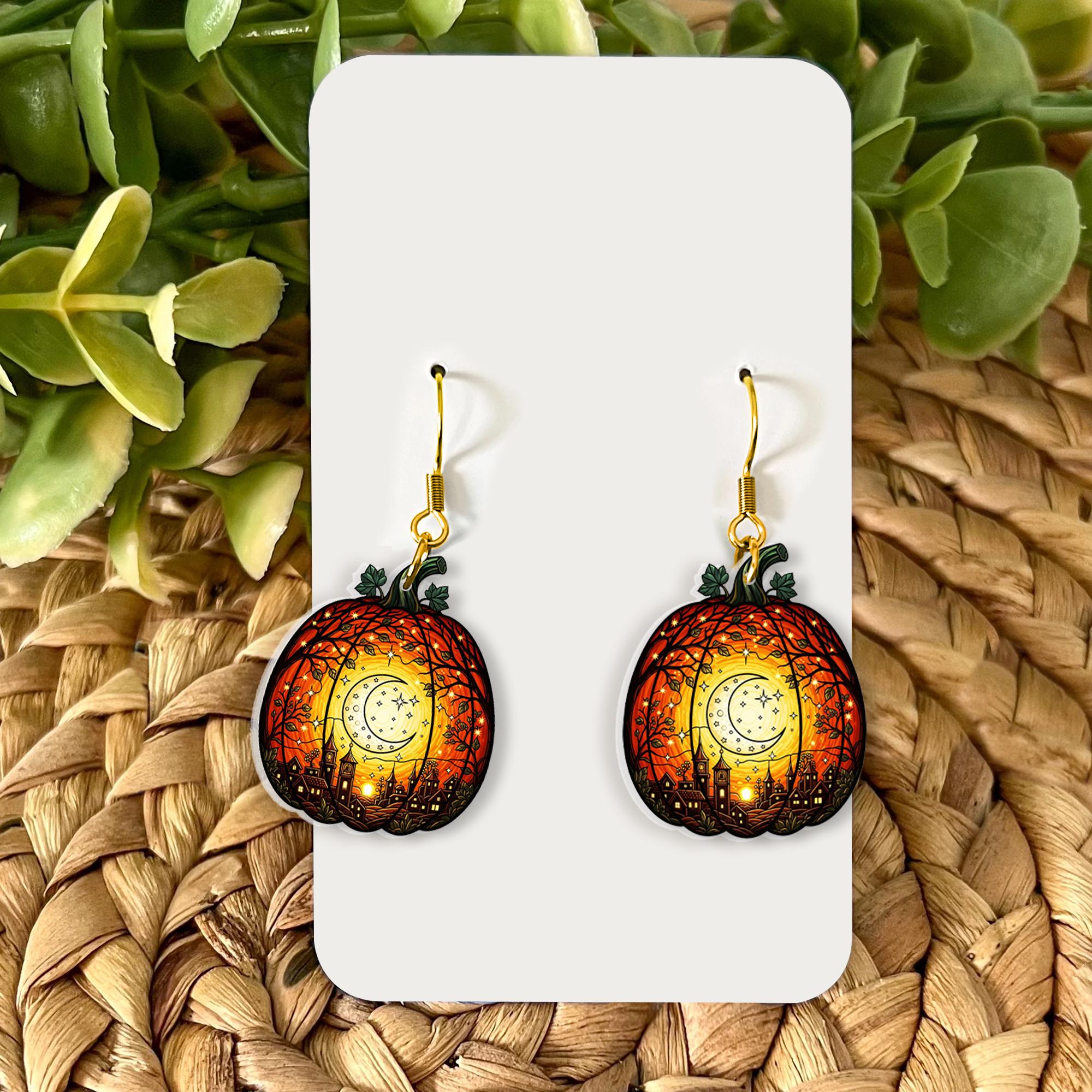 Pumpkin Moon Village Earrings – Halloween Pumpkin Scene Dangle Earrings, Harvest Moon, Whimsical Fall Gift