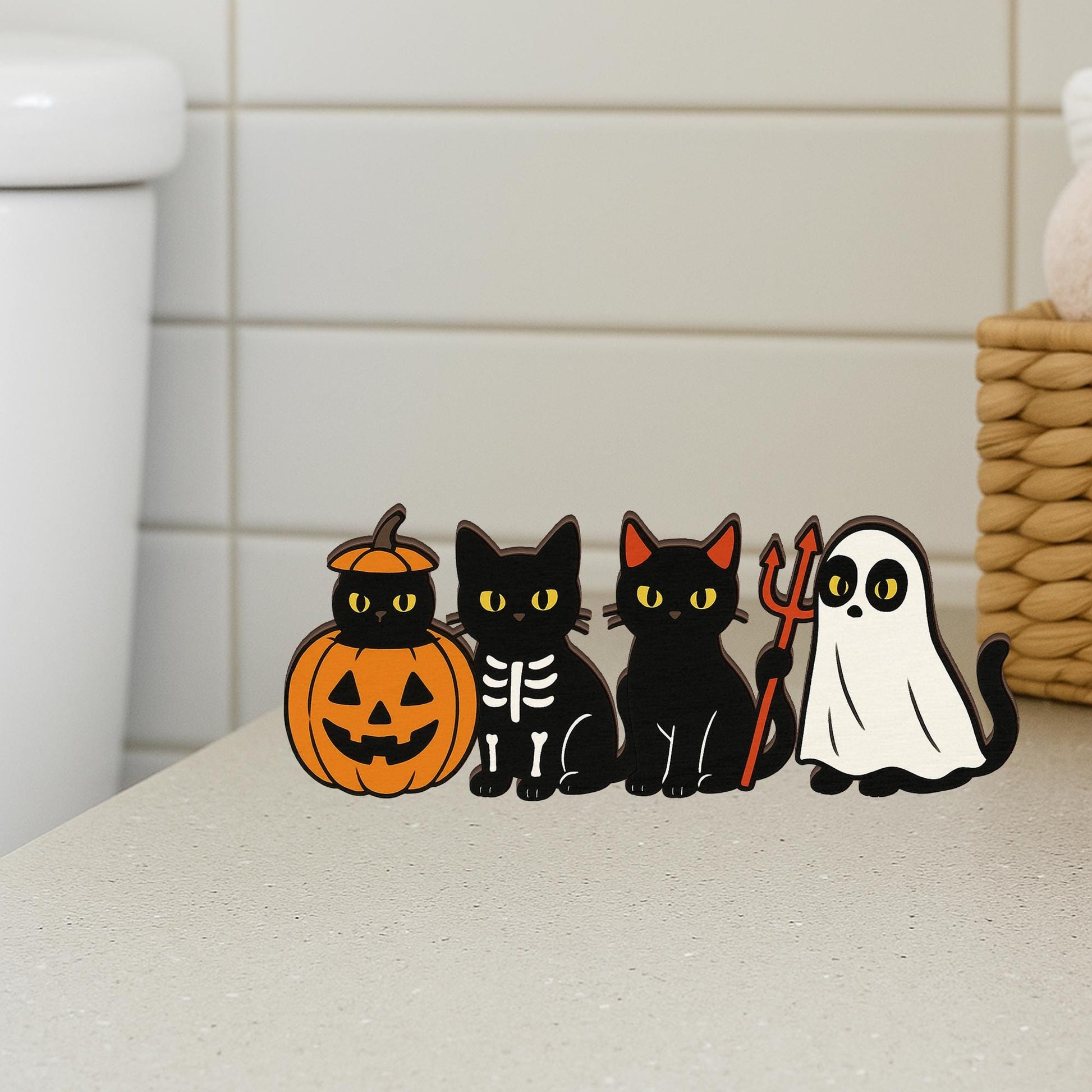 Halloween Black Cat Wooden Blocks - Spooky Ghost Pumpkin Table Decor, Cute Farmhouse Halloween Decoration, Fall Tiered Tray Accent