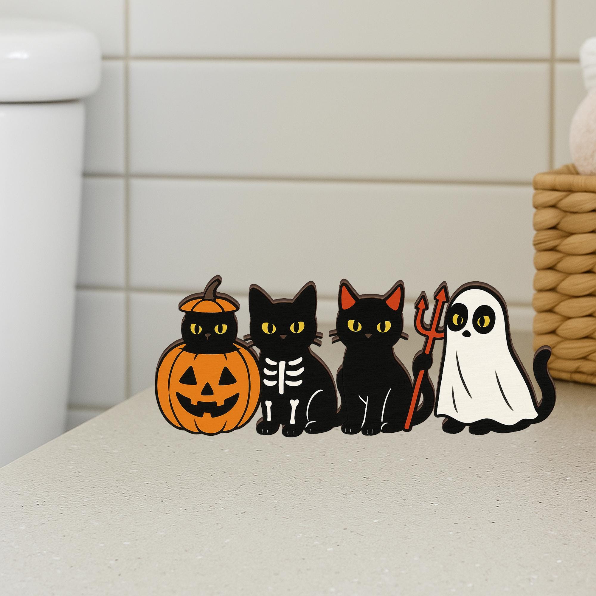 Halloween Black Cat Wooden Blocks - Spooky Ghost Pumpkin Table Decor, Cute Farmhouse Halloween Decoration, Fall Tiered Tray Accent