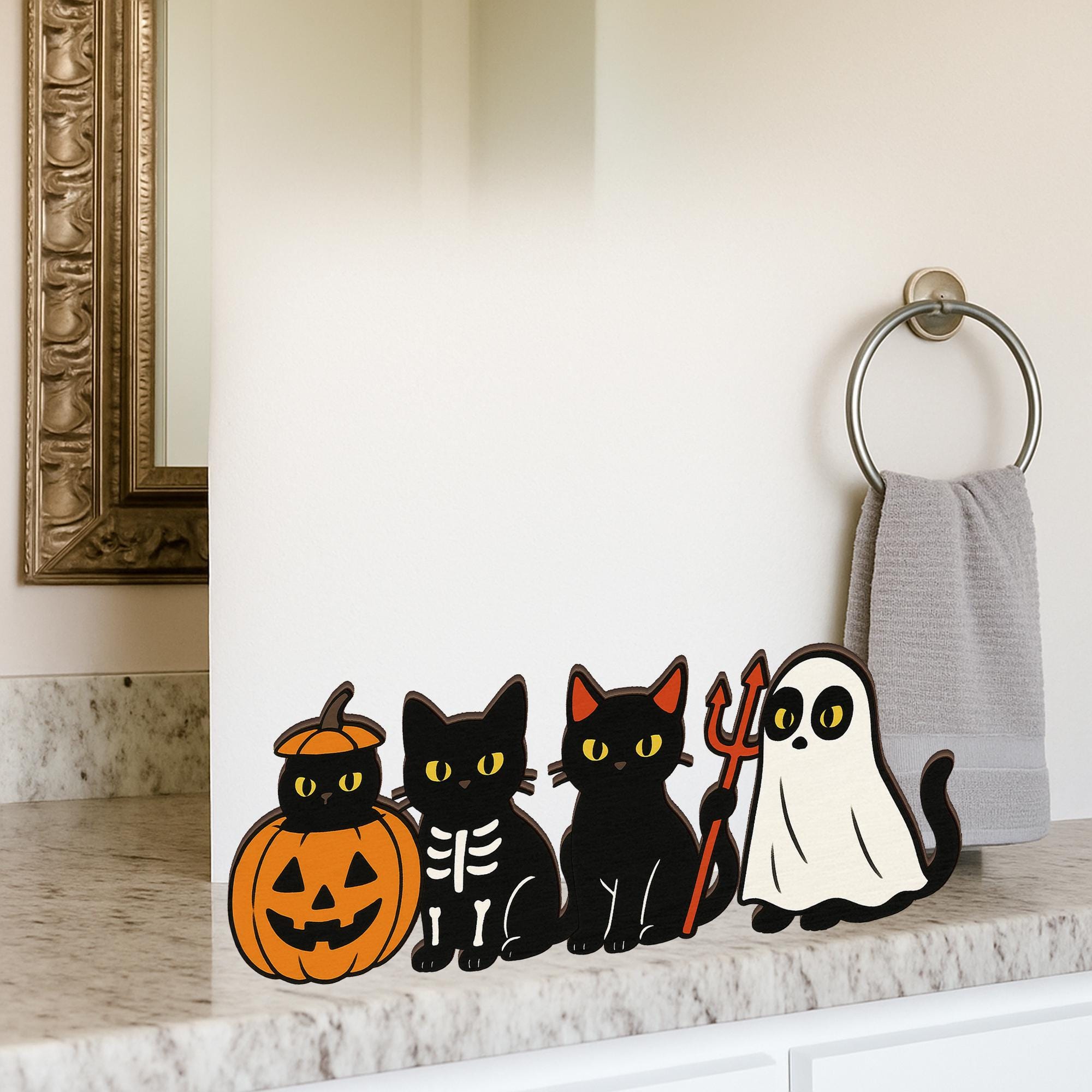 Halloween Black Cat Wooden Blocks - Spooky Ghost Pumpkin Table Decor, Cute Farmhouse Halloween Decoration, Fall Tiered Tray Accent