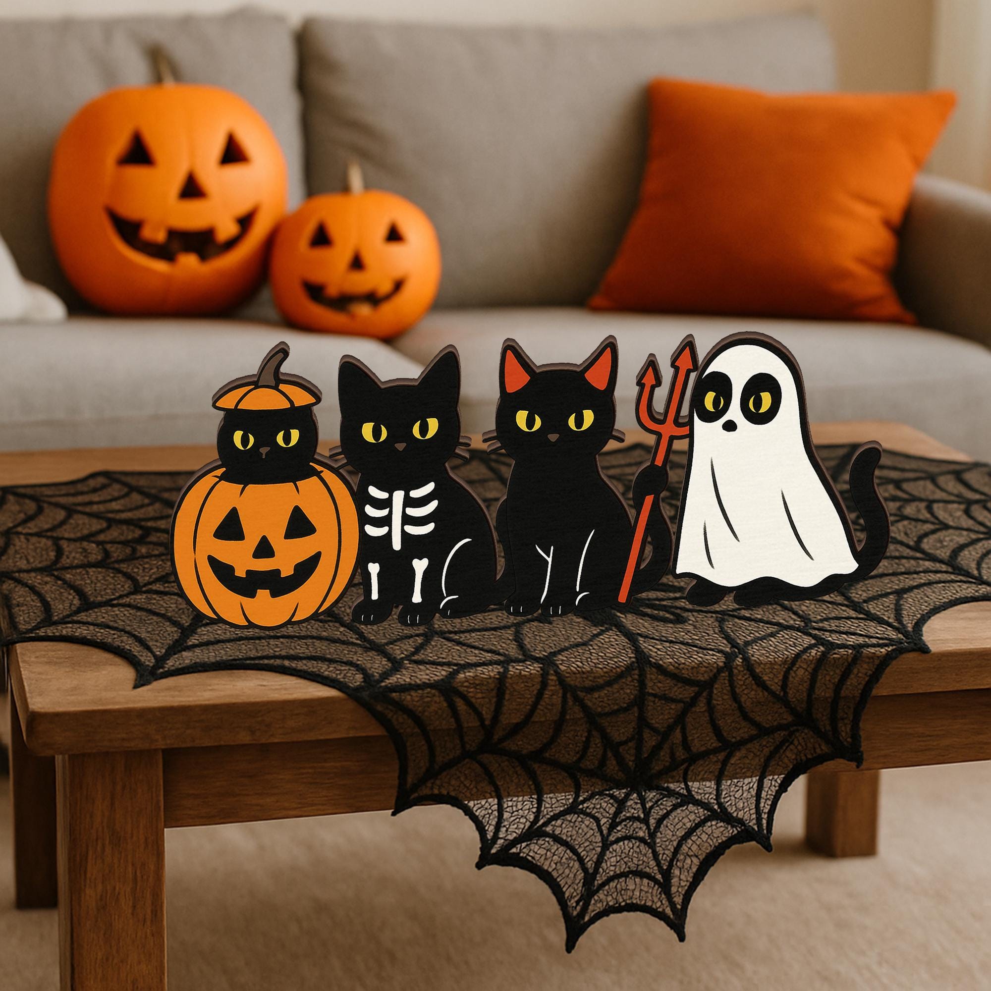 Halloween Black Cat Wooden Blocks - Spooky Ghost Pumpkin Table Decor, Cute Farmhouse Halloween Decoration, Fall Tiered Tray Accent