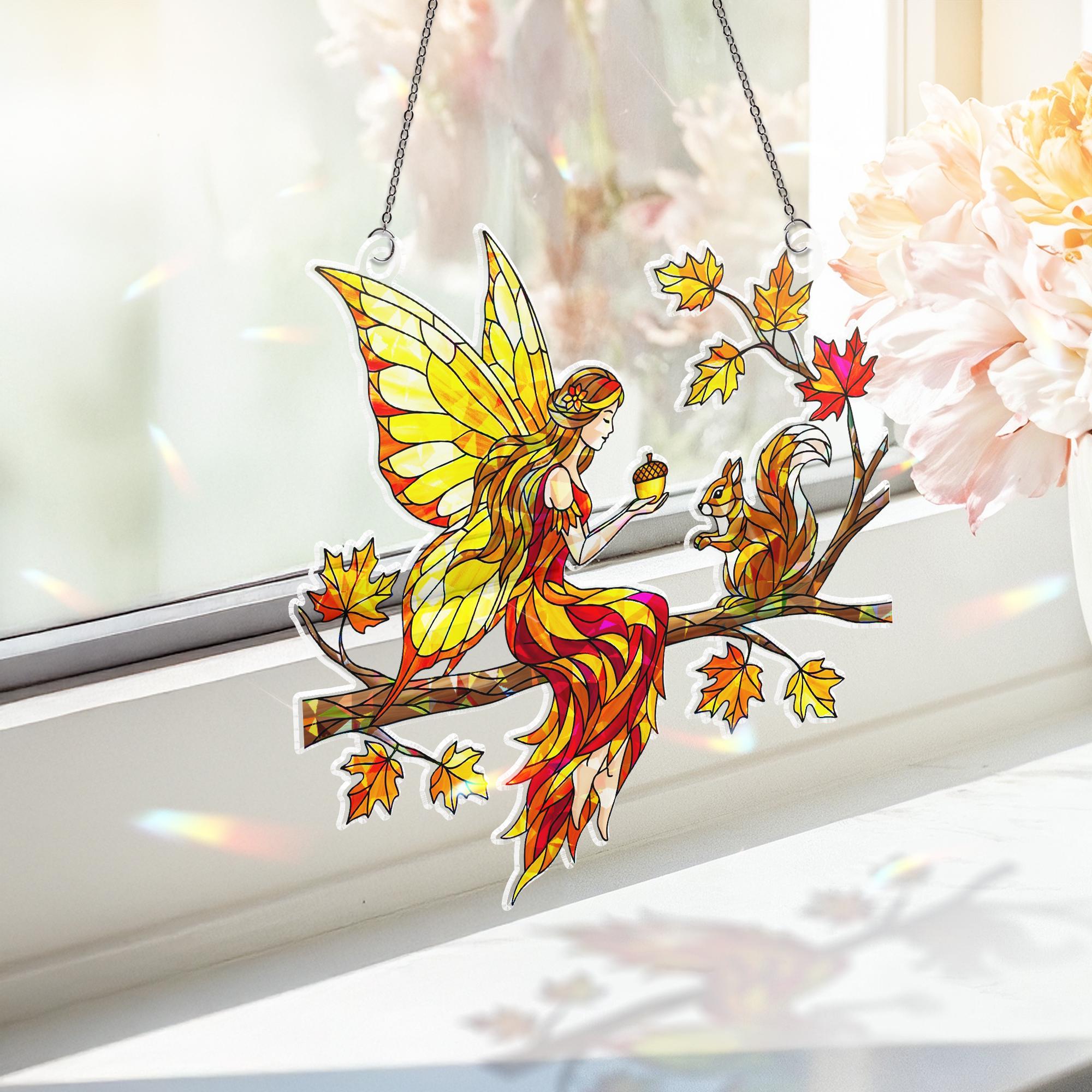 Autumn Fairy Suncatcher - Holographic Acrylic Window Hanging Fall Decor with Woodland Fairy and Squirrel