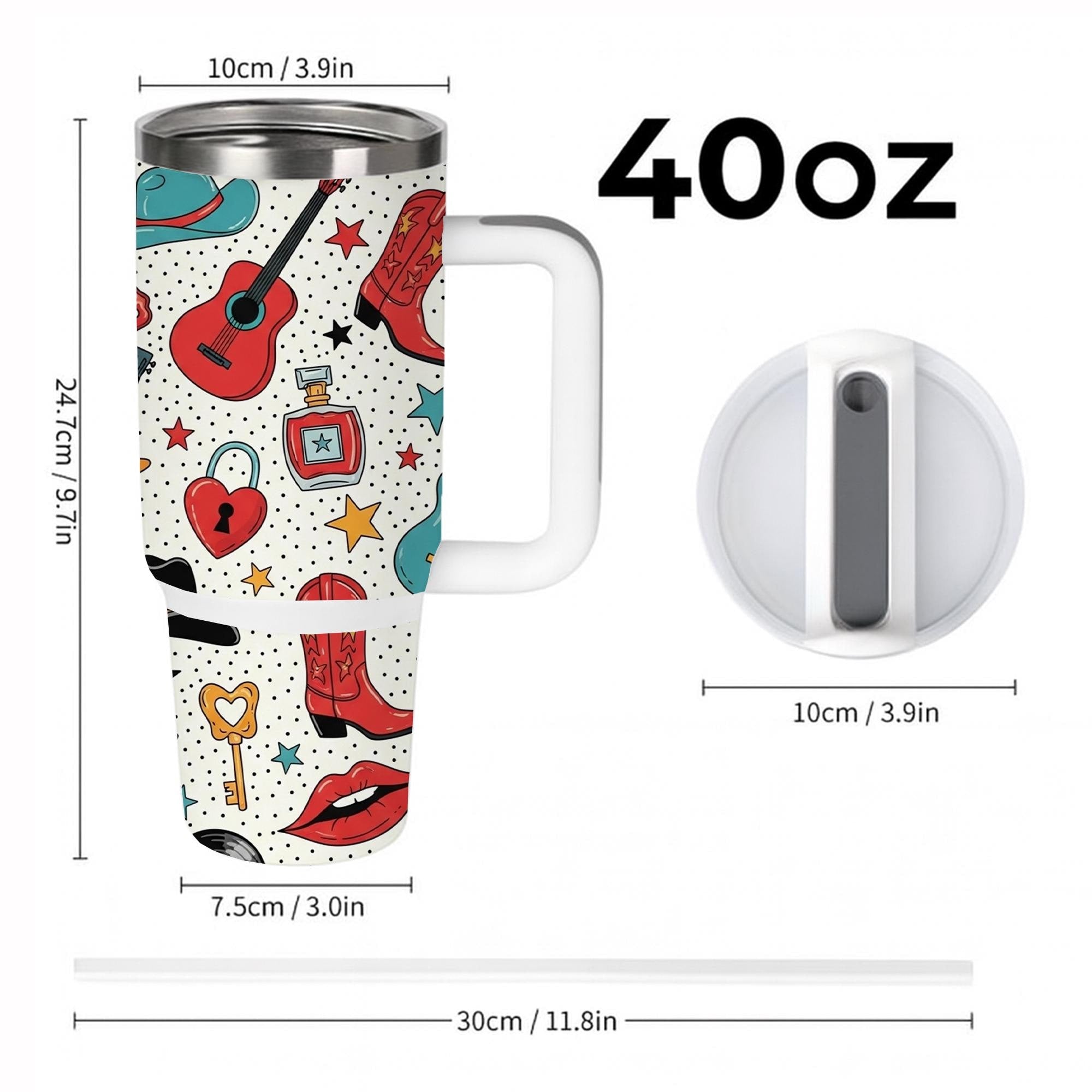 40 oz Cowgirl Western Tumbler with Handle & Straw – Colorful Country Music Travel Tumbler with Boots, Guitar, Stars and Lips, Gift For Her