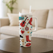 40 oz Cowgirl Western Tumbler with Handle & Straw – Colorful Country Music Travel Tumbler with Boots, Guitar, Stars and Lips, Gift For Her