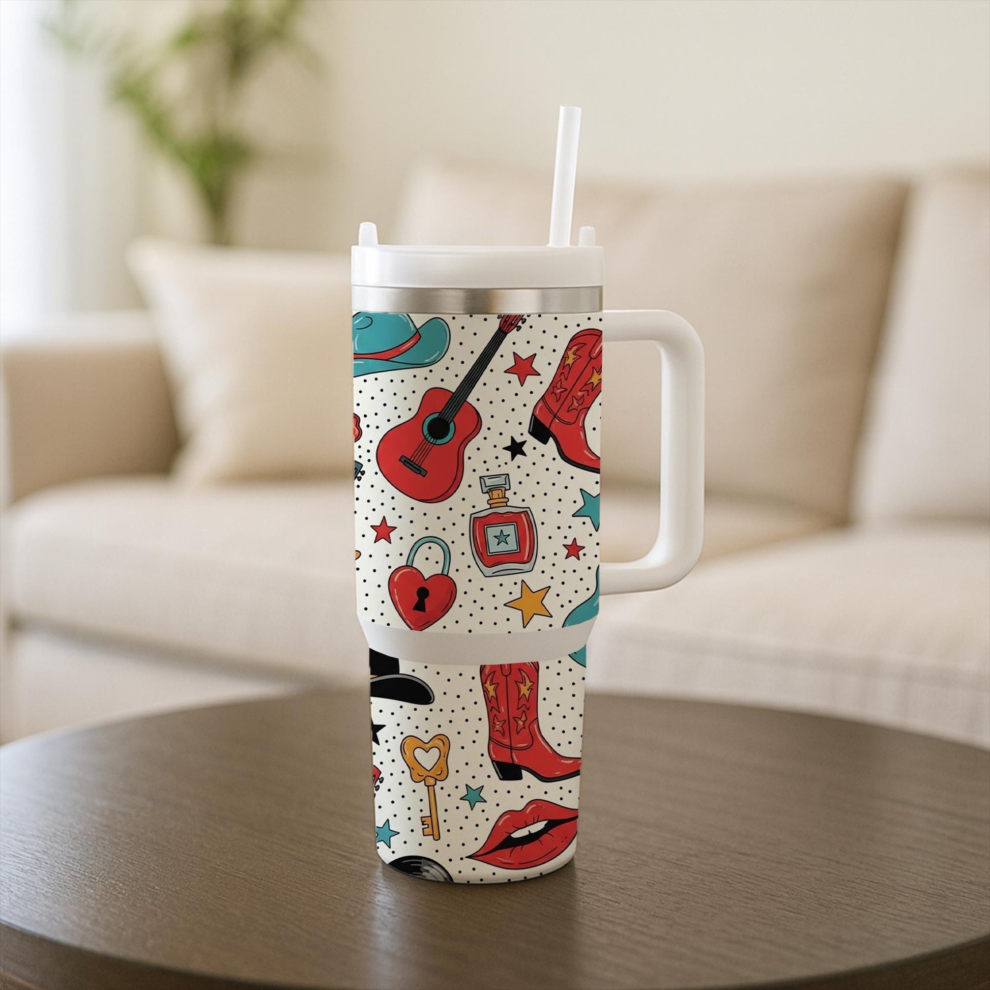 40 oz Cowgirl Western Tumbler with Handle & Straw – Colorful Country Music Travel Tumbler with Boots, Guitar, Stars and Lips, Gift For Her