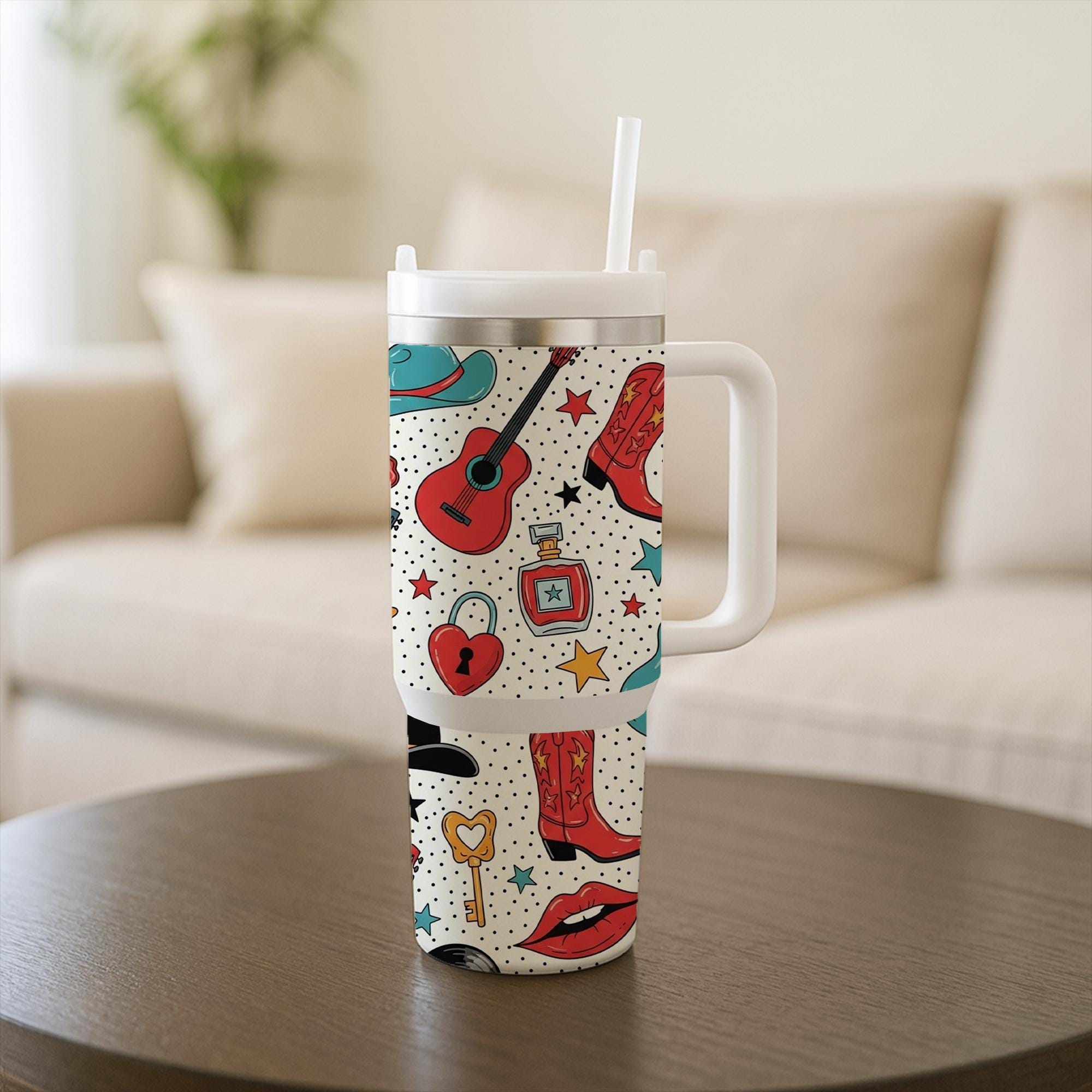40 oz Cowgirl Western Tumbler with Handle & Straw – Colorful Country Music Travel Tumbler with Boots, Guitar, Stars and Lips, Gift For Her