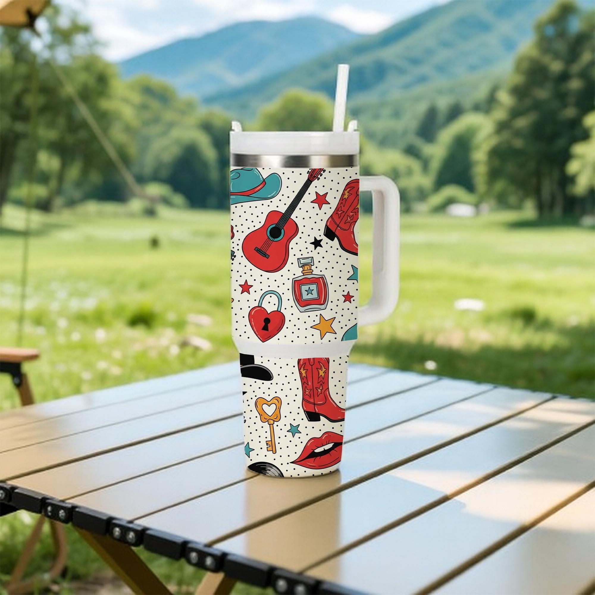 40 oz Cowgirl Western Tumbler with Handle & Straw – Colorful Country Music Travel Tumbler with Boots, Guitar, Stars and Lips, Gift For Her