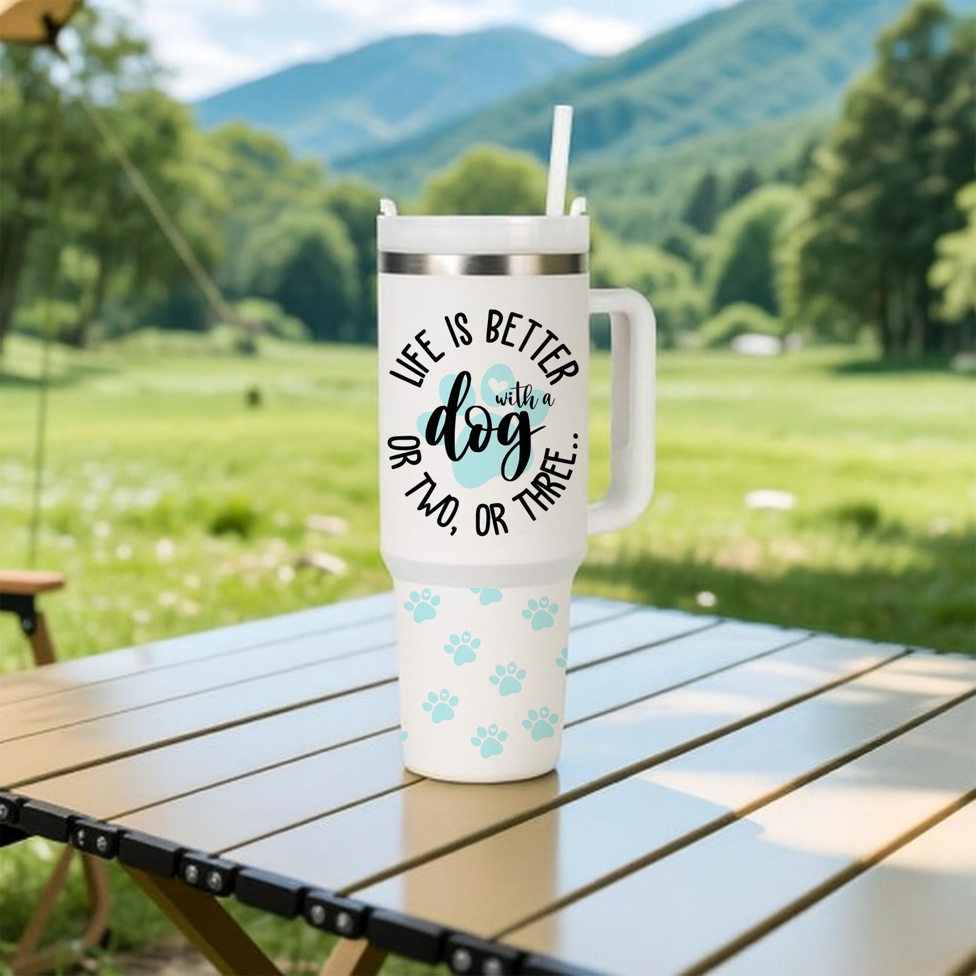 40 oz Dog Lover Tumbler with Handle & Straw – Life Is Better with a Dog Paw Print Travel Tumbler, Pet Owner Gift, Cute Dog Mom Tumbler