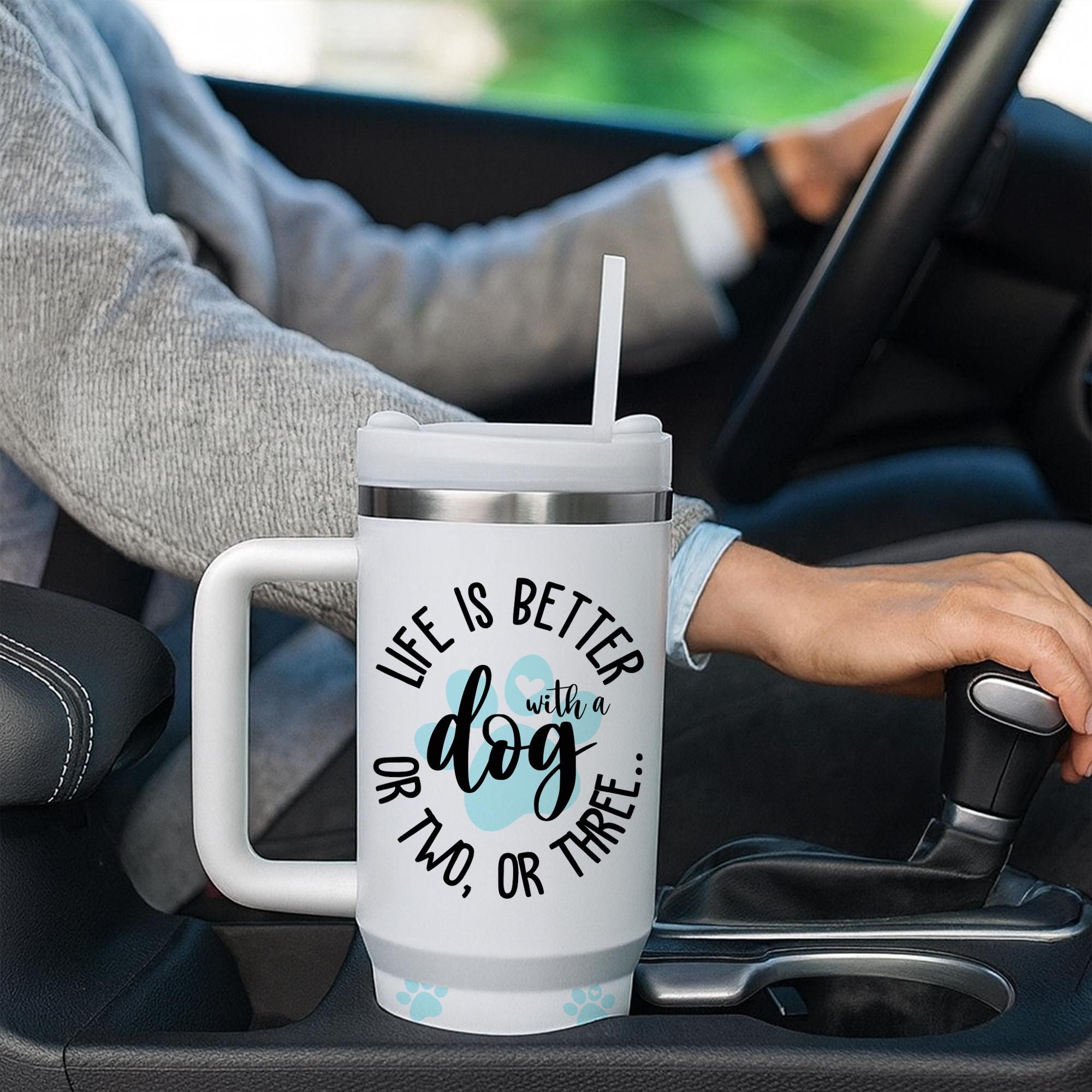 40 oz Dog Lover Tumbler with Handle & Straw – Life Is Better with a Dog Paw Print Travel Tumbler, Pet Owner Gift, Cute Dog Mom Tumbler