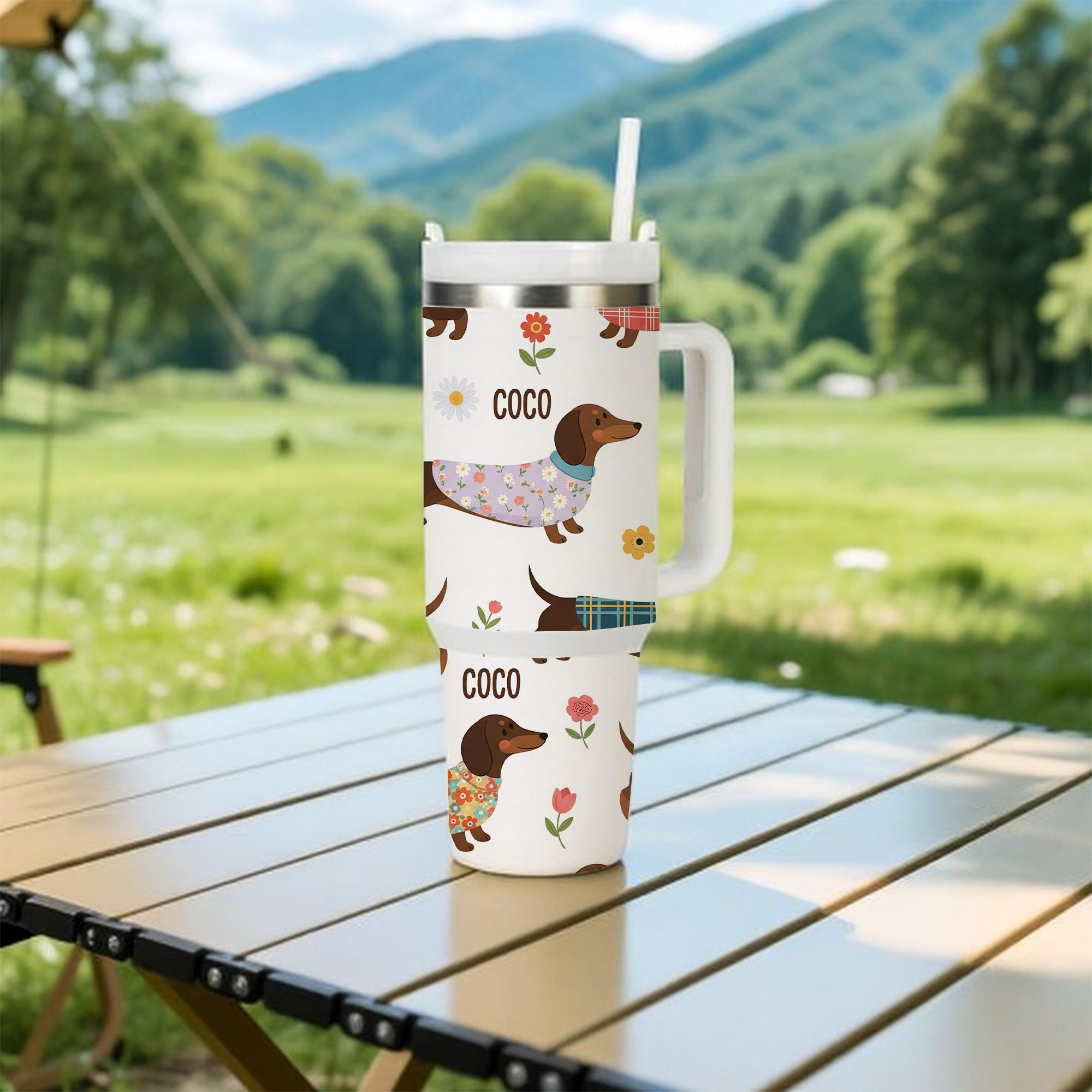 40 oz Personalized Dachshund Tumbler with Handle & Straw – Custom Dog Lover Travel Tumbler, Sausage Dog Gift, Cute Wiener Dog Cup, Dog Lover