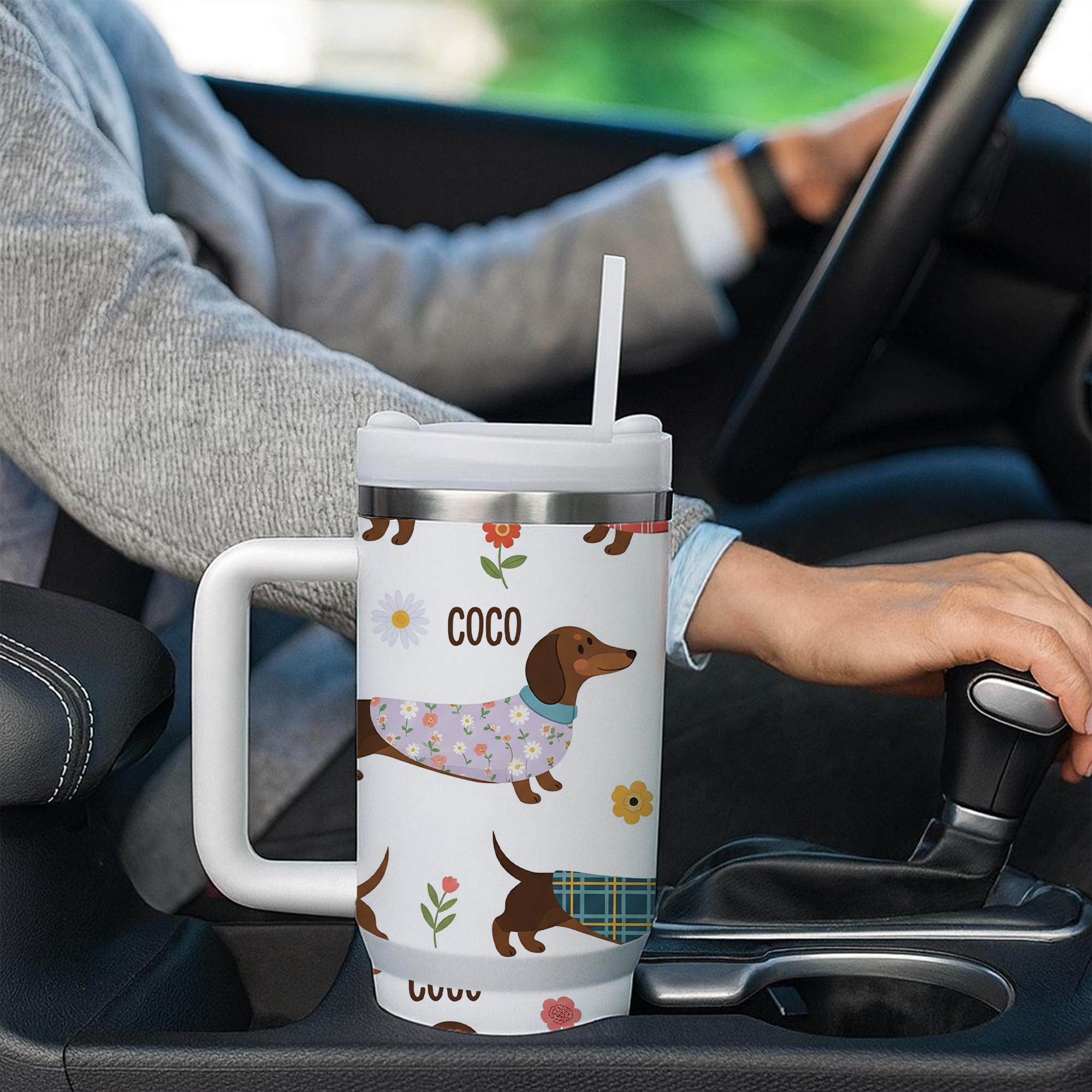 40 oz Personalized Dachshund Tumbler with Handle & Straw – Custom Dog Lover Travel Tumbler, Sausage Dog Gift, Cute Wiener Dog Cup, Dog Lover