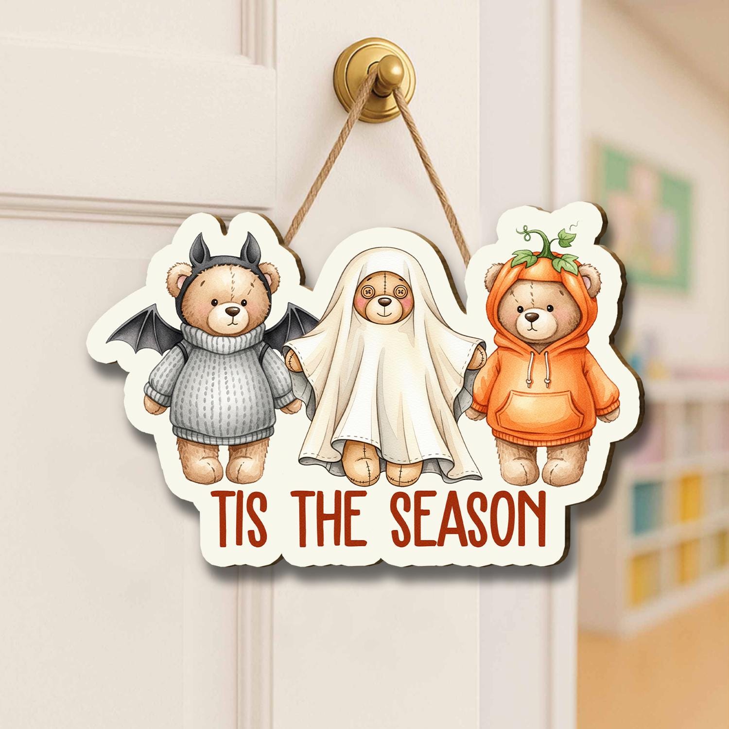 Halloween Cute Bear Door Hanger – Cute Fall Front Door Decoration with Pumpkin, Ghost & Bat Bears, ’Tis The Season Autumn Décor, Home Decor