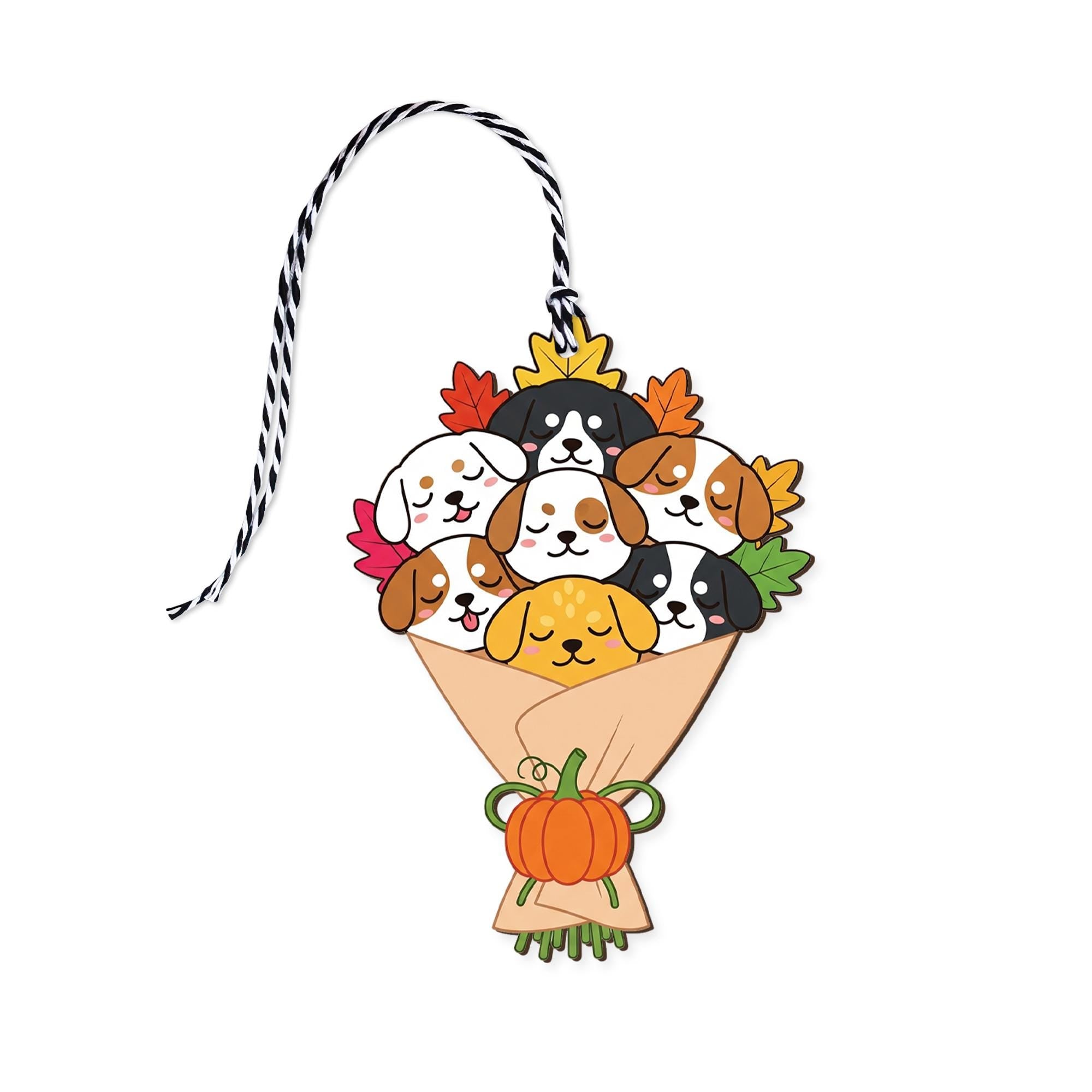 Fall Dog Bouquet Basket Tag – Cute Puppy Gift Tag with Pumpkin & Leaves, Pet Lover Ornament, Autumn Trick or Treat Basket Charm, Dog Lovers