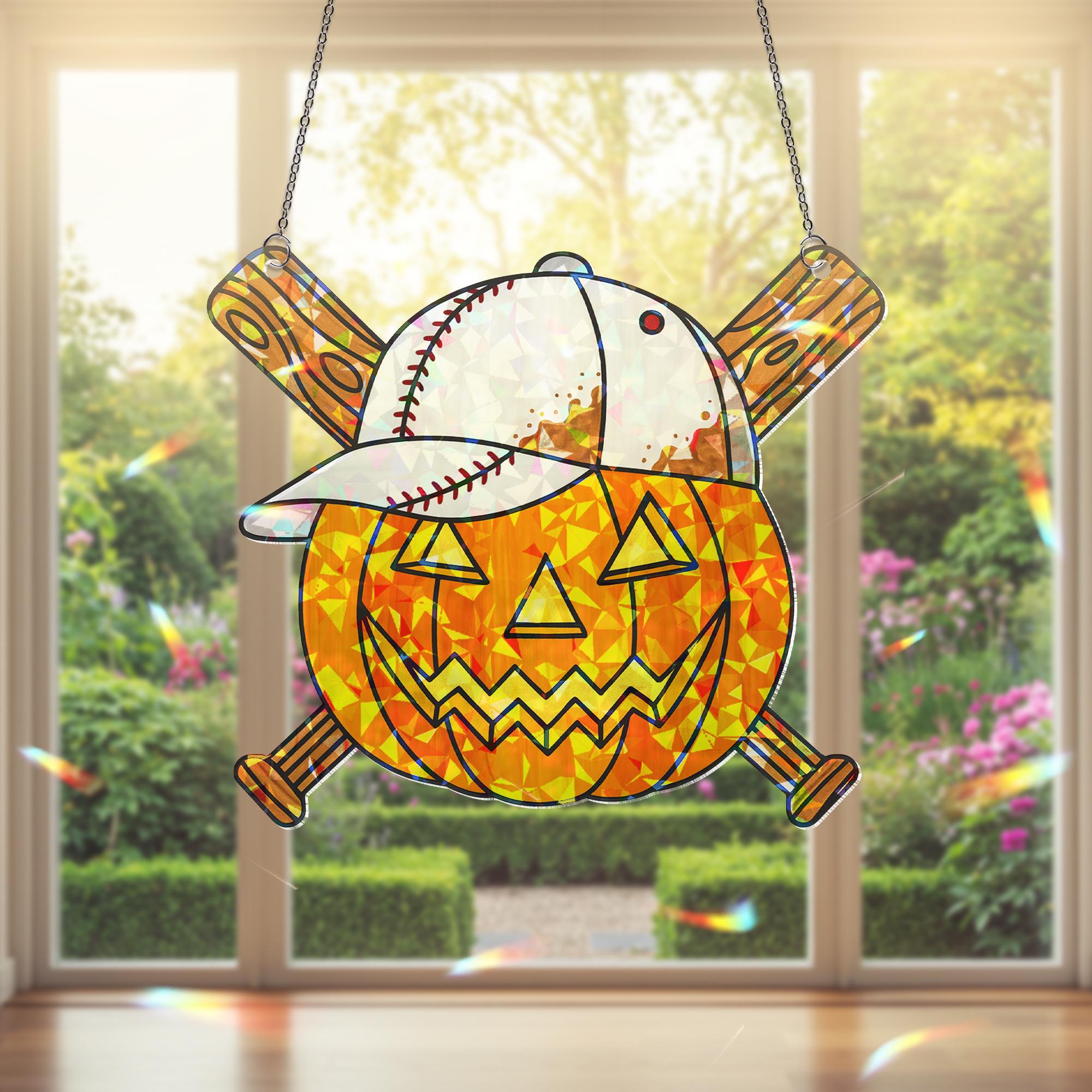 Baseball Pumpkin Suncatcher - Holographic Acrylic Halloween Window Hanging Sports Fan Fall Decor