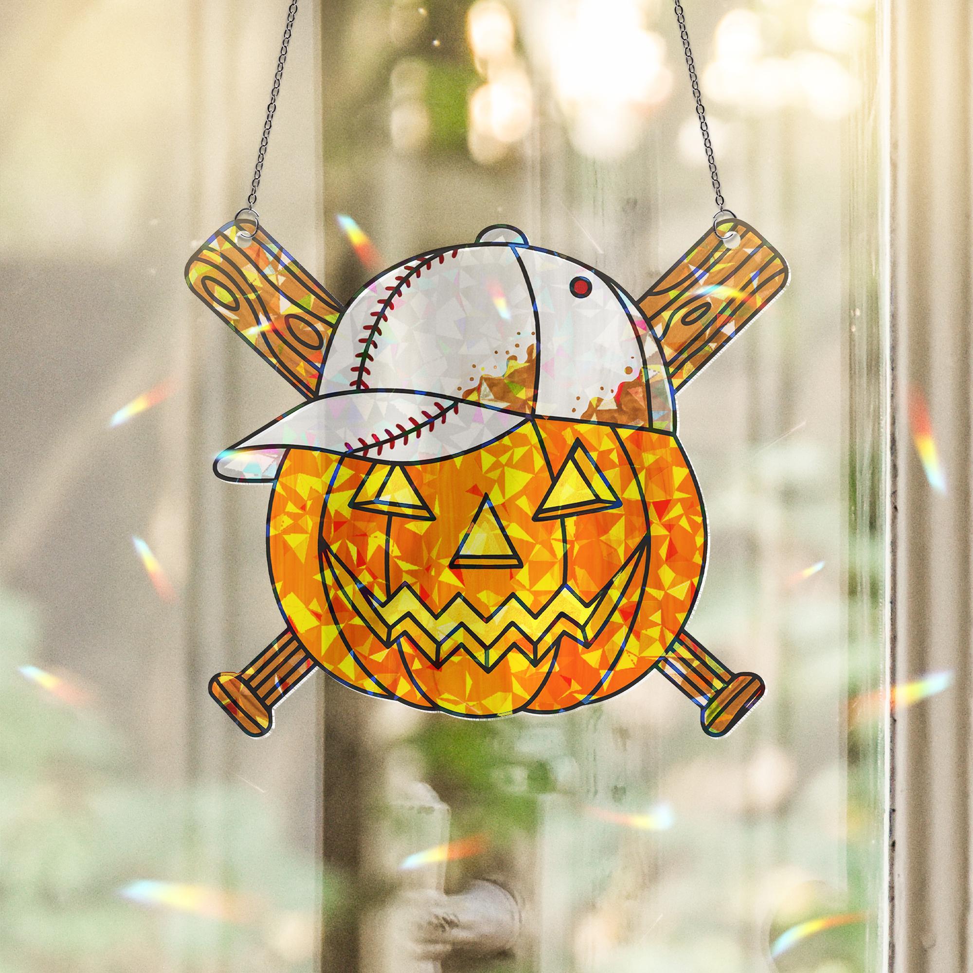 Baseball Pumpkin Suncatcher - Holographic Acrylic Halloween Window Hanging Sports Fan Fall Decor