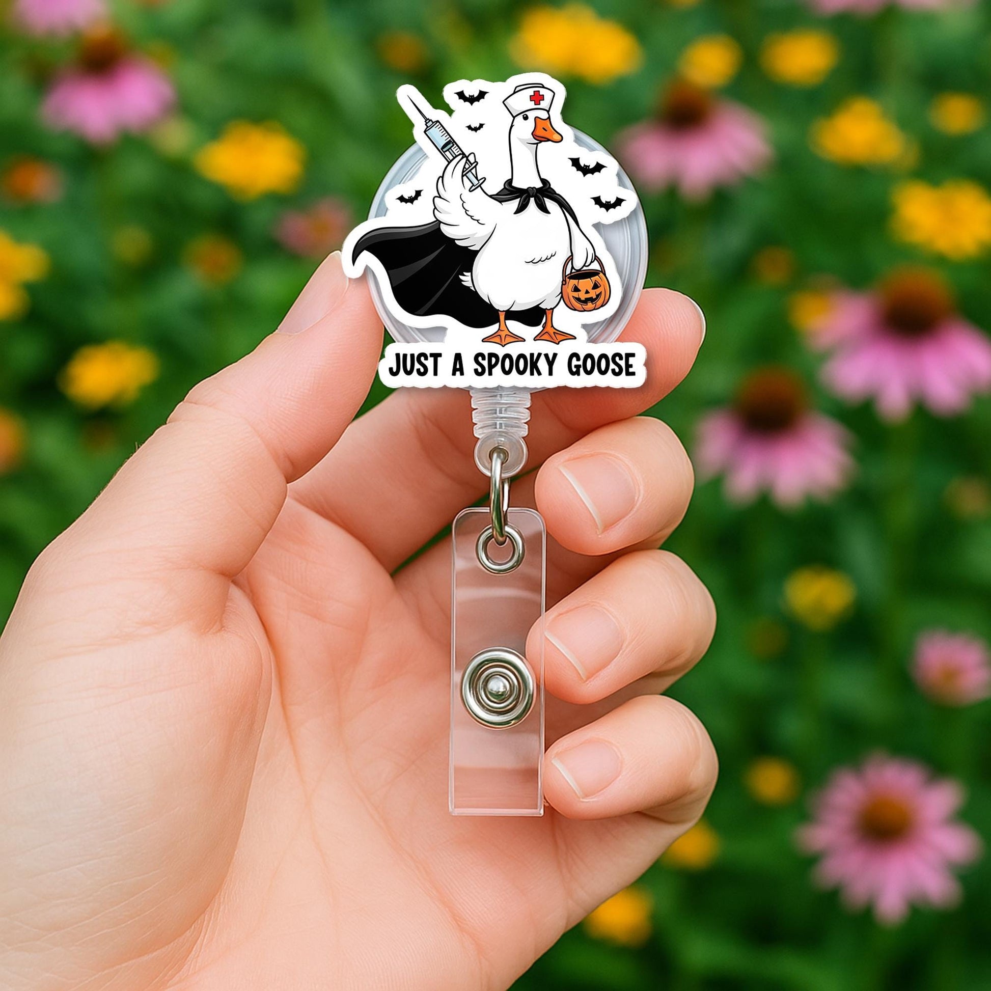 Spooky Goose Badge Reel – Funny Halloween Nurse ID Holder, Retractable Clip for Work, Cute Goose Accessory, Gift for Coworkers