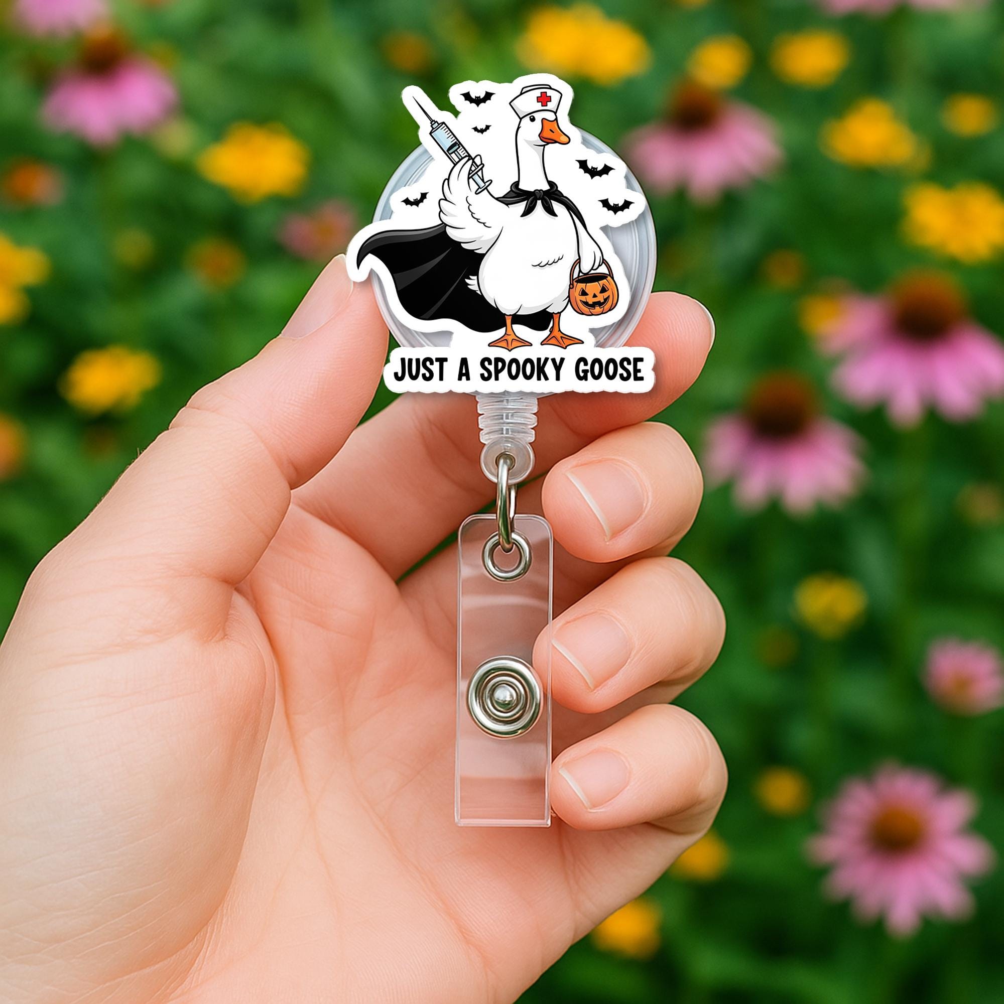 Spooky Goose Badge Reel – Funny Halloween Nurse ID Holder, Retractable Clip for Work, Cute Goose Accessory, Gift for Coworkers