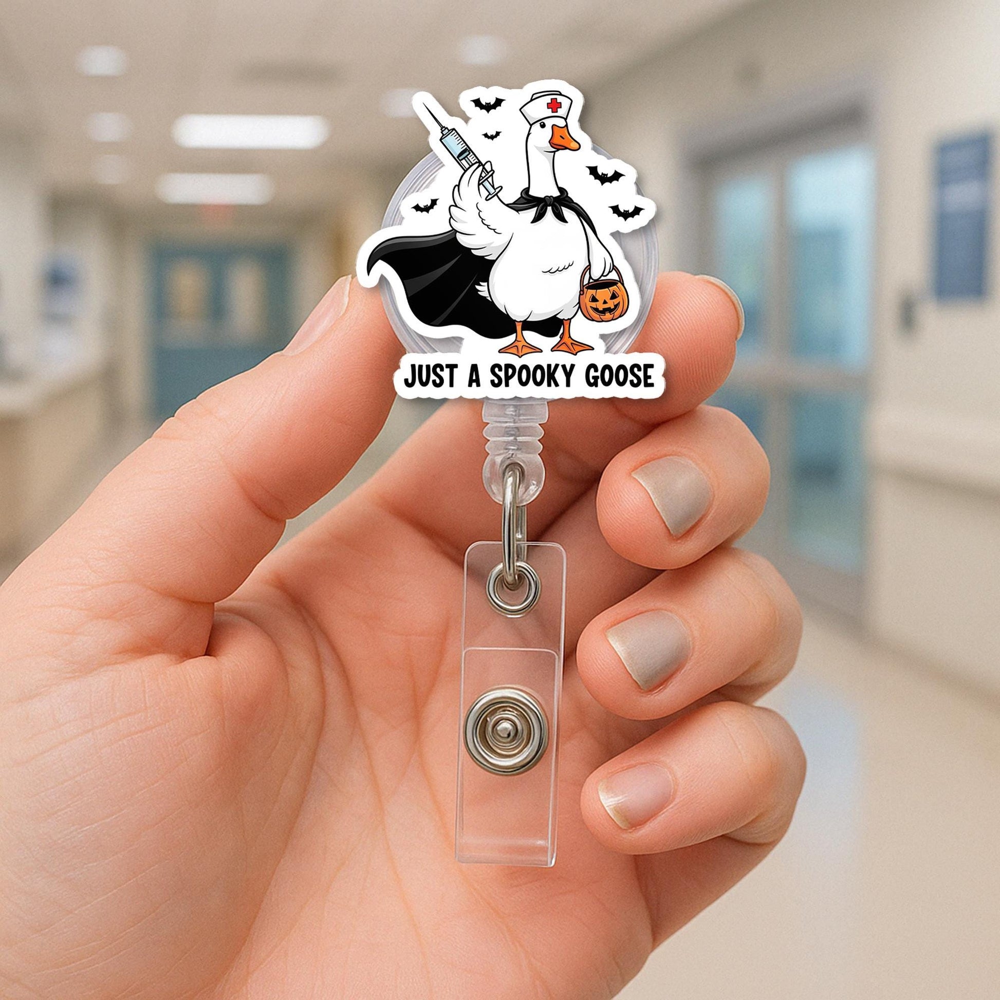 Spooky Goose Badge Reel – Funny Halloween Nurse ID Holder, Retractable Clip for Work, Cute Goose Accessory, Gift for Coworkers