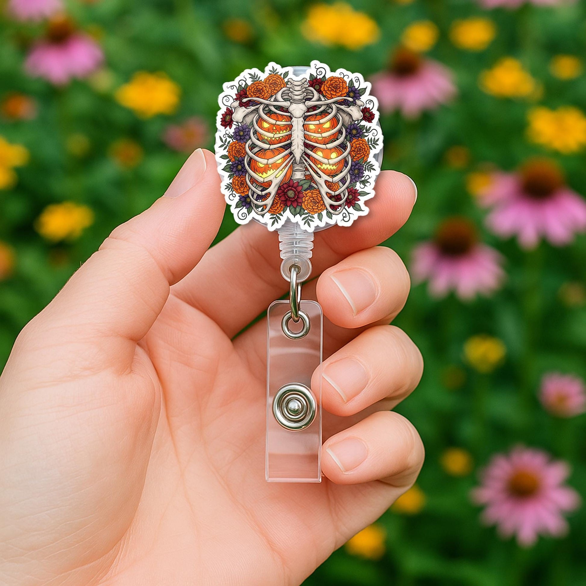 Skeleton Rib Cage Badge Reel – Halloween Floral Retractable ID Holder, Spooky Nurse Badge Clip, Cute Medical Work Accessory