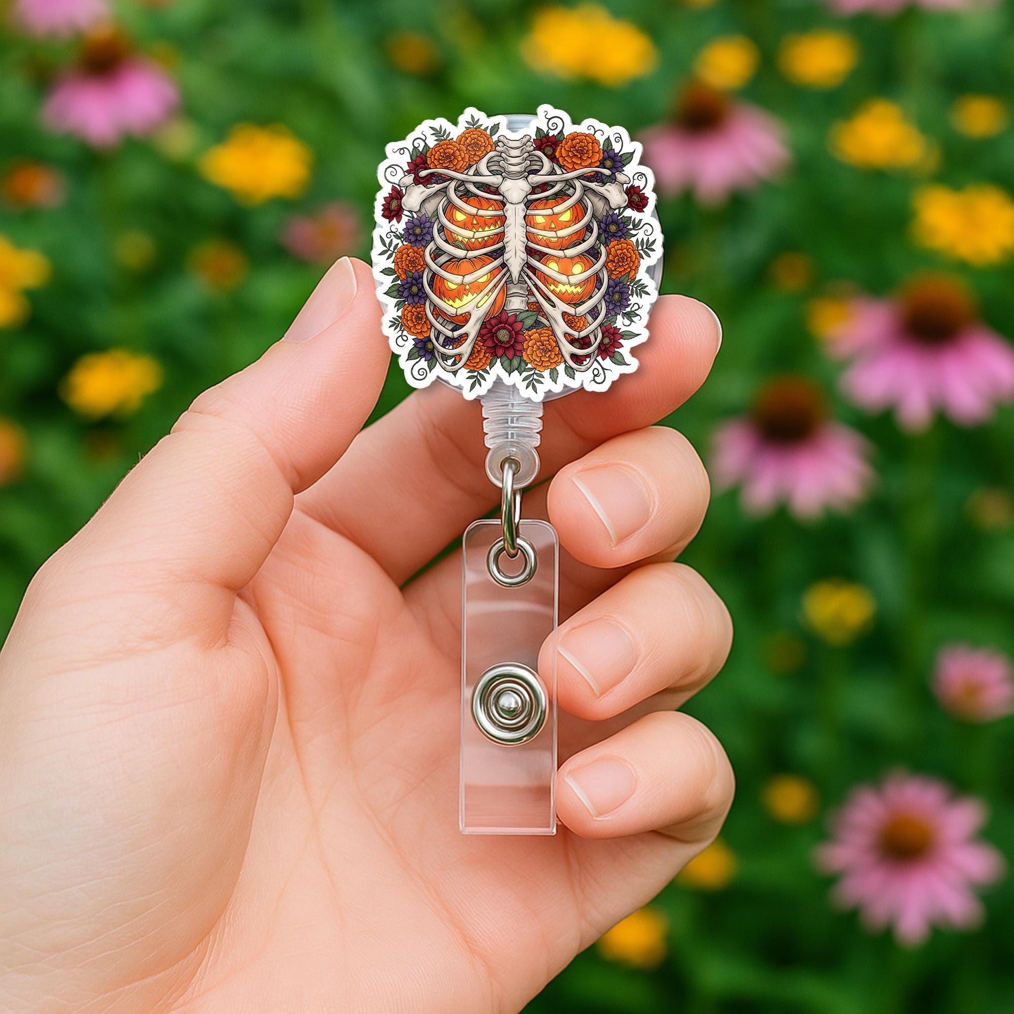 Skeleton Rib Cage Badge Reel – Halloween Floral Retractable ID Holder, Spooky Nurse Badge Clip, Cute Medical Work Accessory