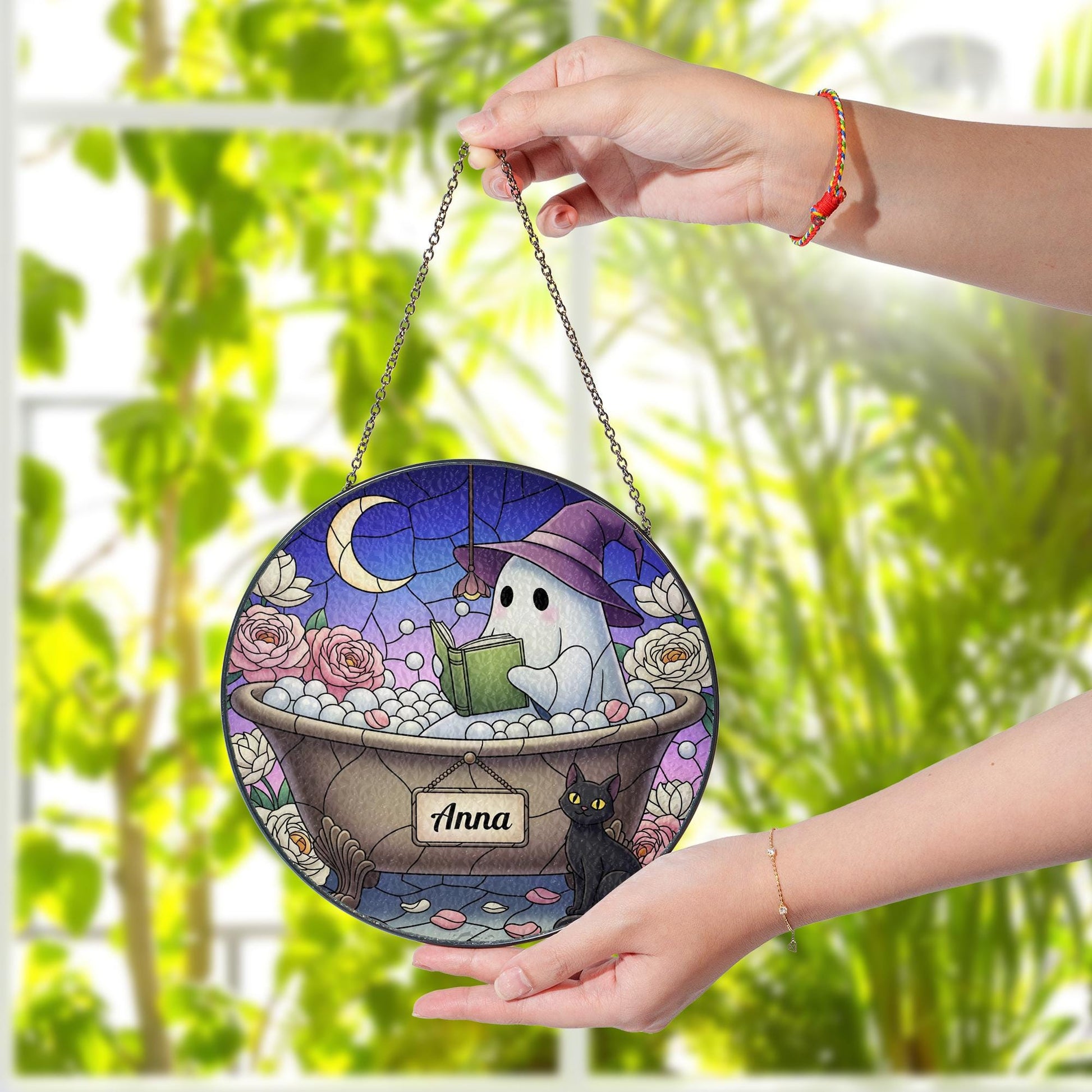 Custom Ghost Suncatcher | Faux Stained Glass Window Hanging | Witchy Cat Moon Decor | Personalized Halloween Gothic Gift
