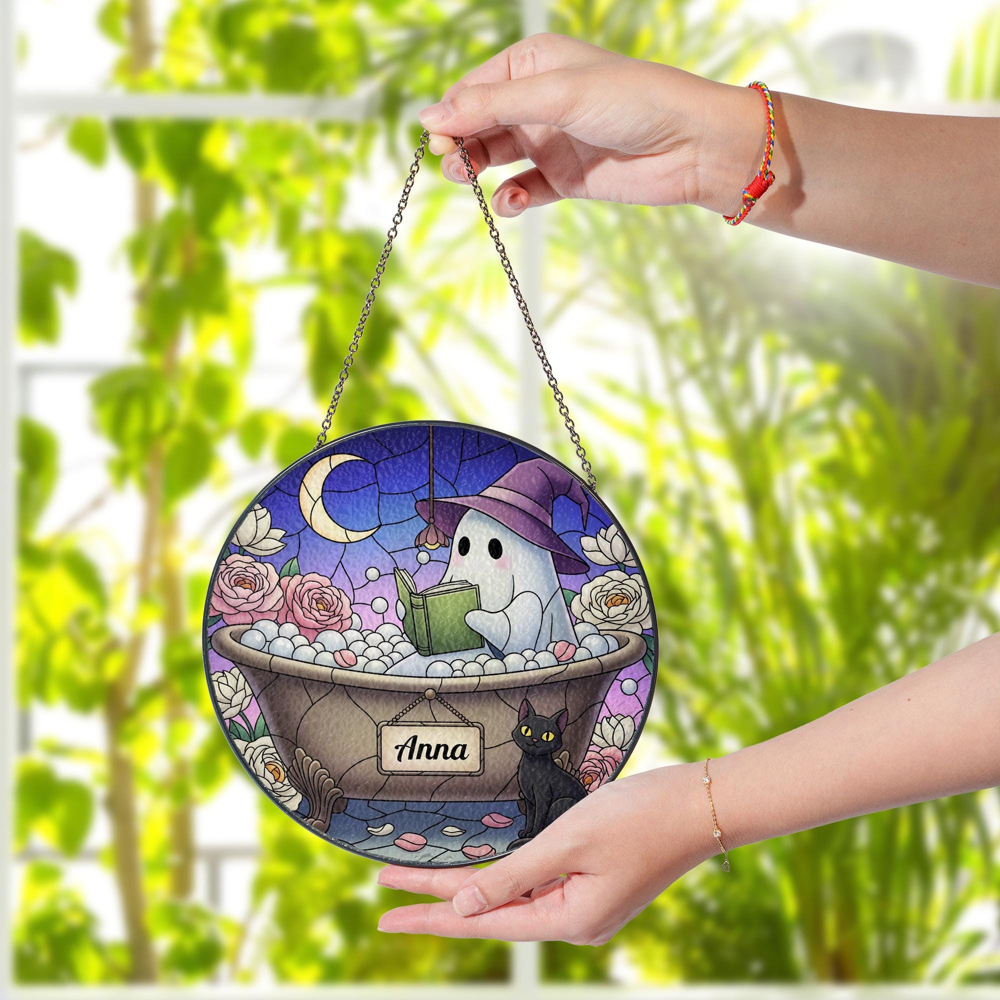 Custom Ghost Suncatcher | Faux Stained Glass Window Hanging | Witchy Cat Moon Decor | Personalized Halloween Gothic Gift