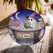 Custom Ghost Suncatcher | Faux Stained Glass Window Hanging | Witchy Cat Moon Decor | Personalized Halloween Gothic Gift